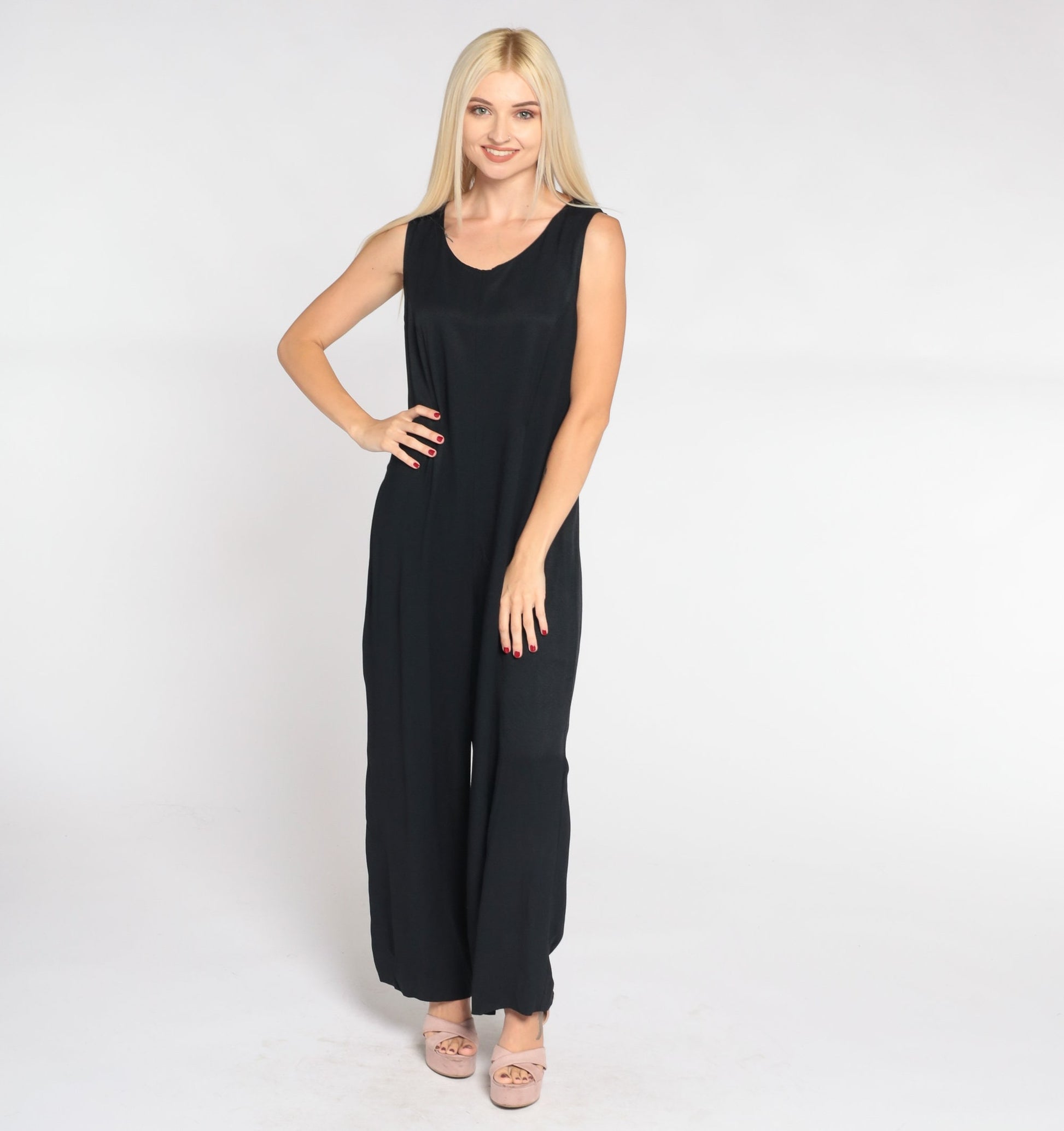 90s Black Jumpsuit Sleeveless Scoop Neck Wide Leg Pantsuit Medium