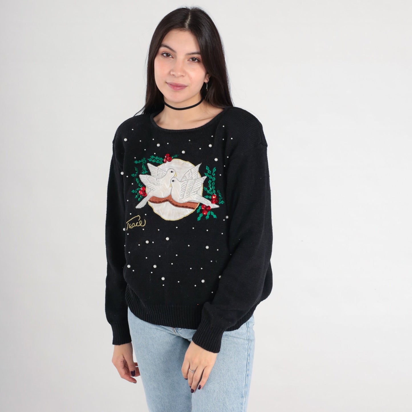 Y2K Christmas Dove Sweater Black Beaded Peace Pullover Large L