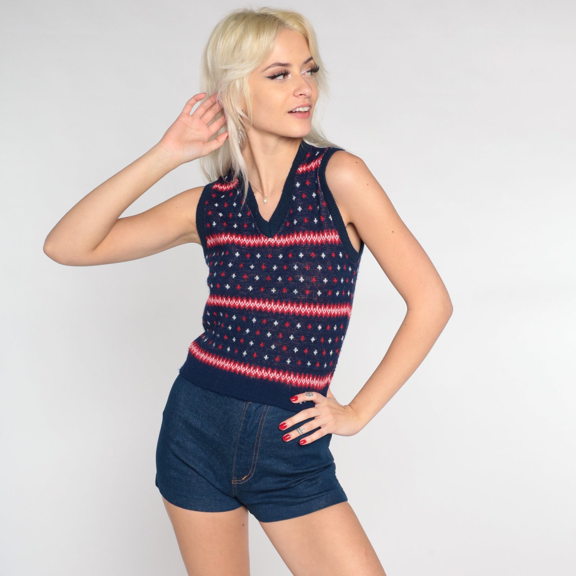 80s Hang Ten Sweater Vest Navy Striped Fleur De Lis Red White Blue XS