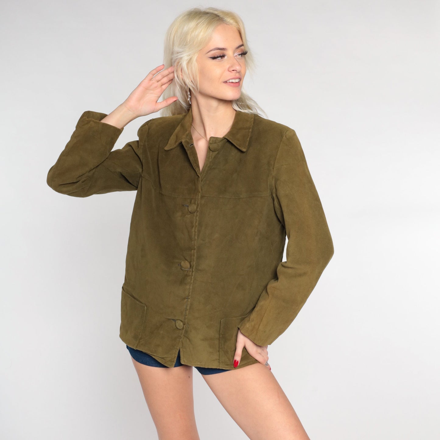 70s Olive Green Faux Suede Button-Up Shirt Long Sleeve Western Medium Large