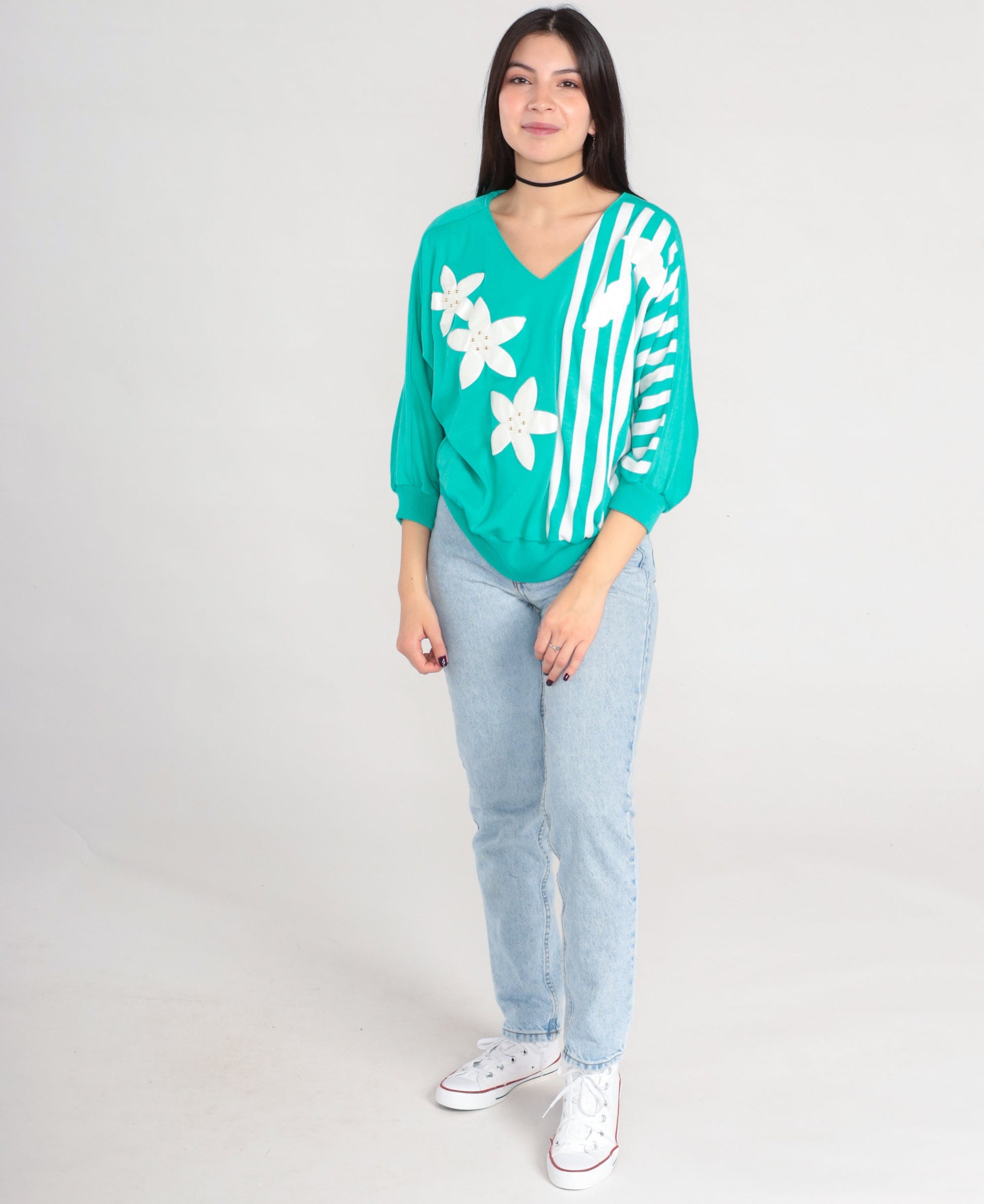 80s Green Floral Studded Striped Blouse V-Neck 3/4 Sleeve Medium