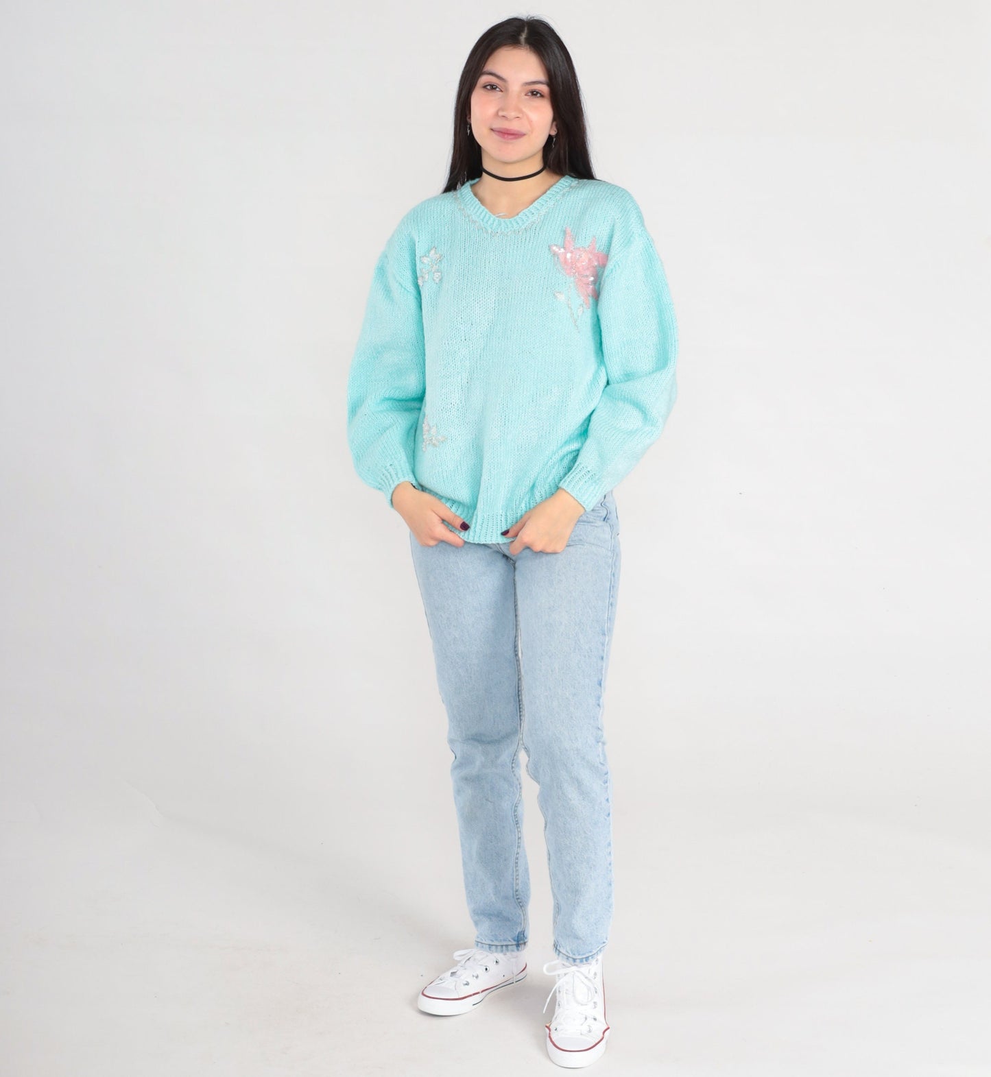80s Mint Blue Floral Beaded Sequin Knit Sweater Pullover Medium