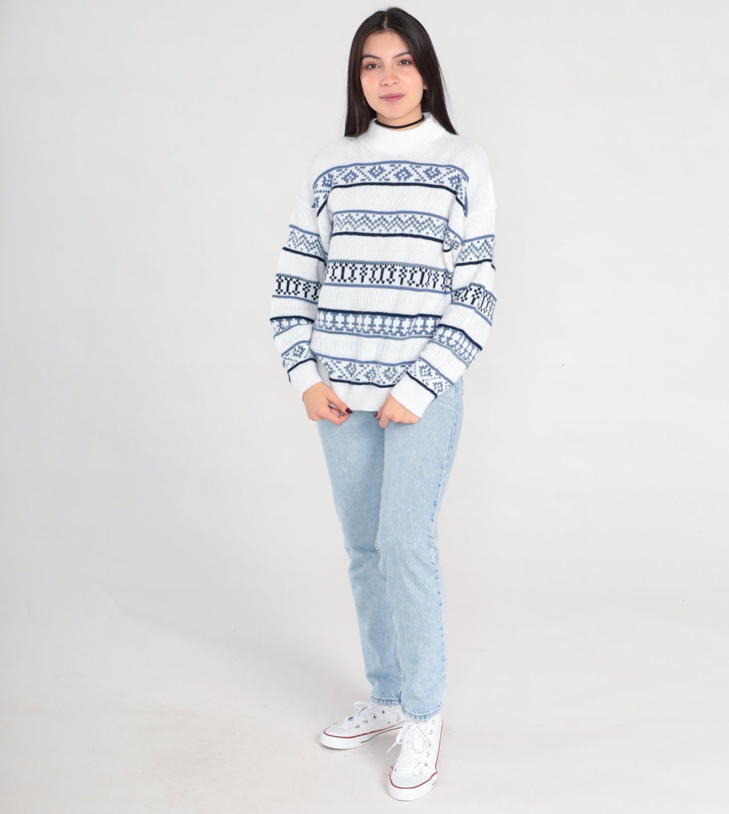 90s Striped Mock Neck Sweater White Blue Knit Pullover Medium M