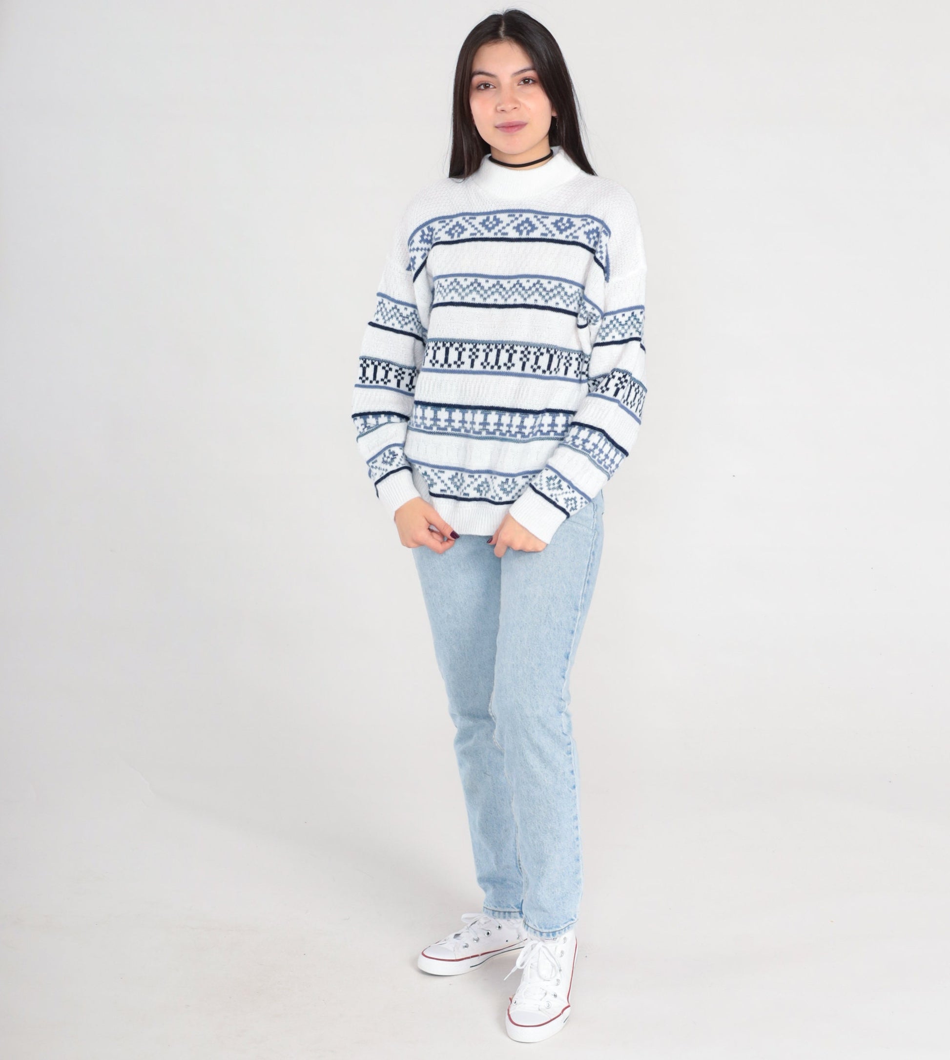 90s Striped Mock Neck Sweater White Blue Knit Pullover Medium M