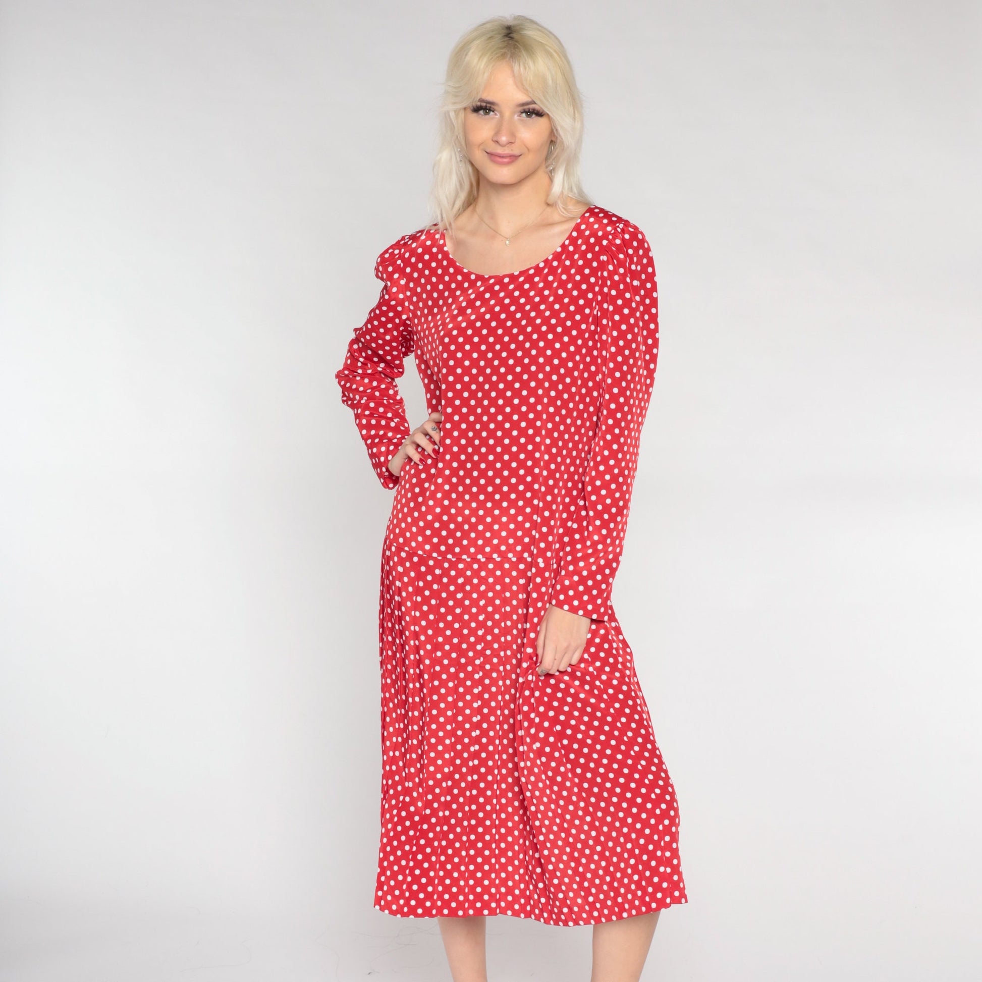 90s Leslie Fay Red Polka Dot Midi Dress Long Sleeve Drop Waist Medium 10