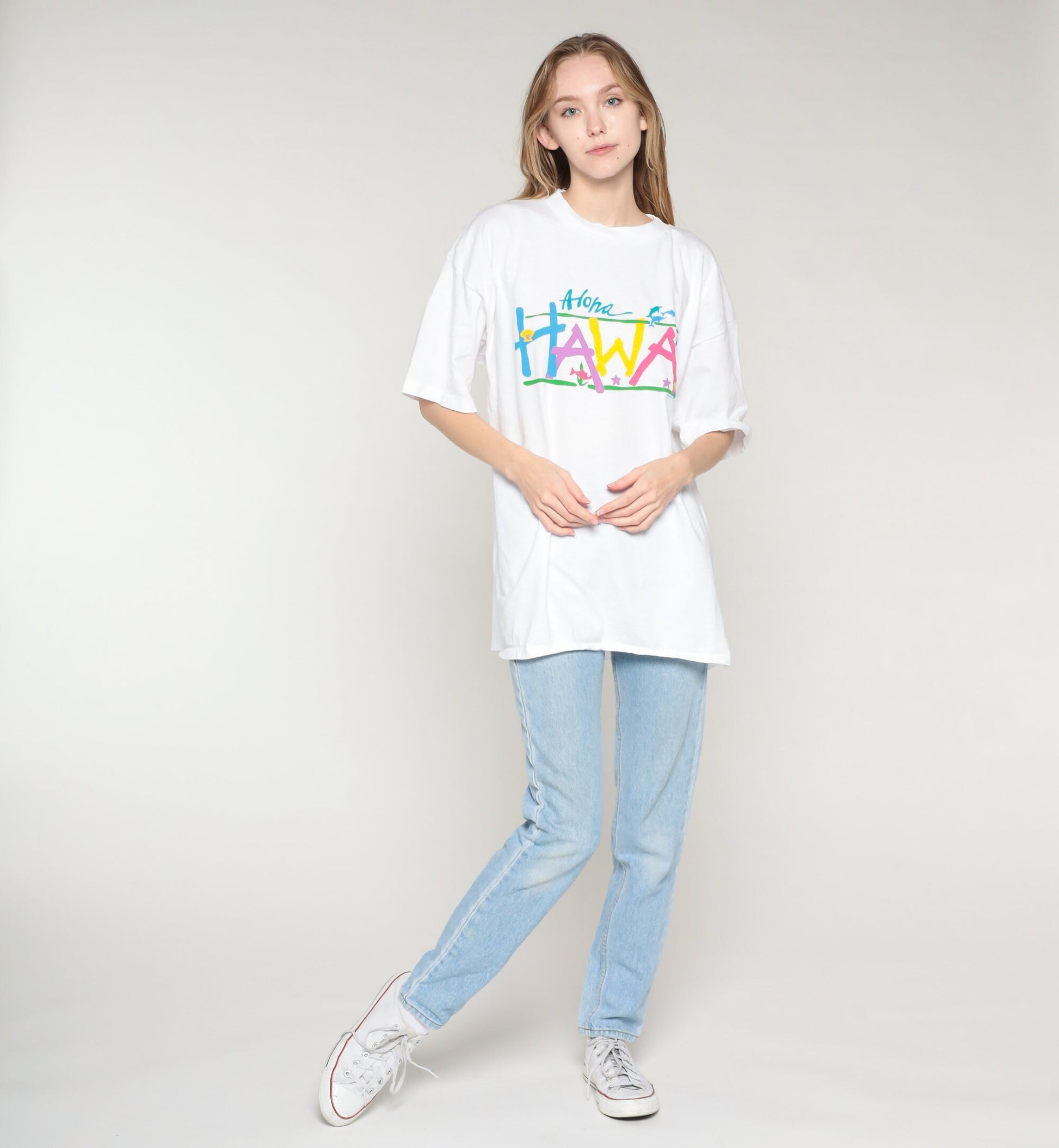 90s Hawaii Aloha Graphic T-Shirt Dolphins Tropical Fish Stars White XL