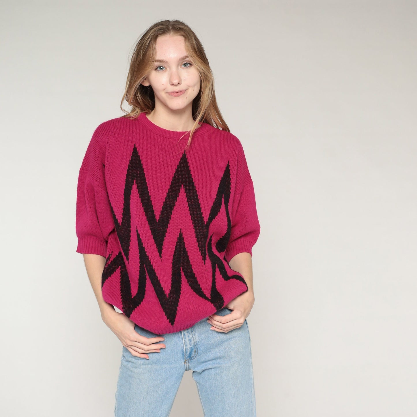 90s Magenta Striped Knit Sweater Short Sleeve Black Chevron Large L