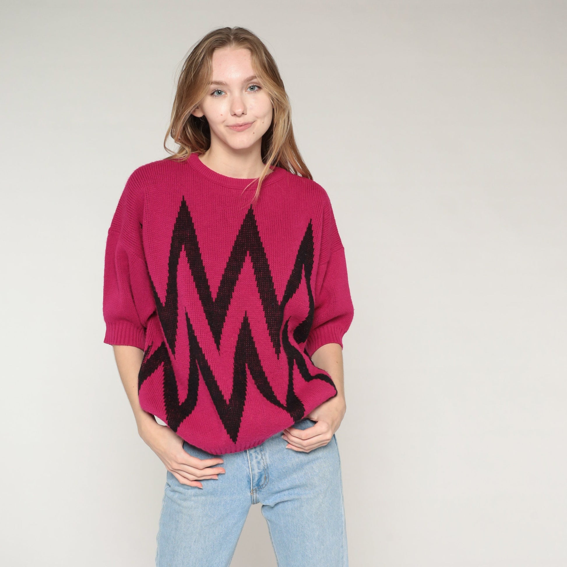90s Magenta Striped Knit Sweater Short Sleeve Black Chevron Large L