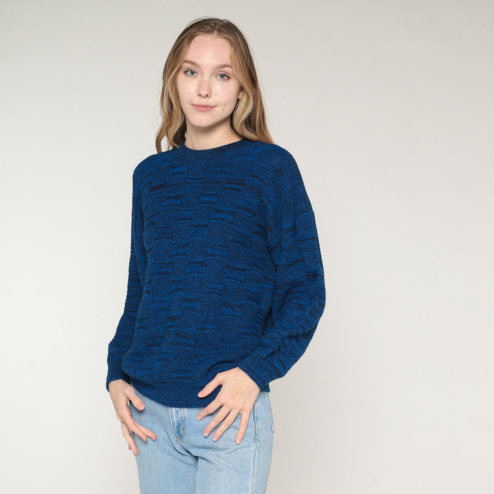 80s Blue Abstract Knit Sweater Crewneck Pullover Medium M