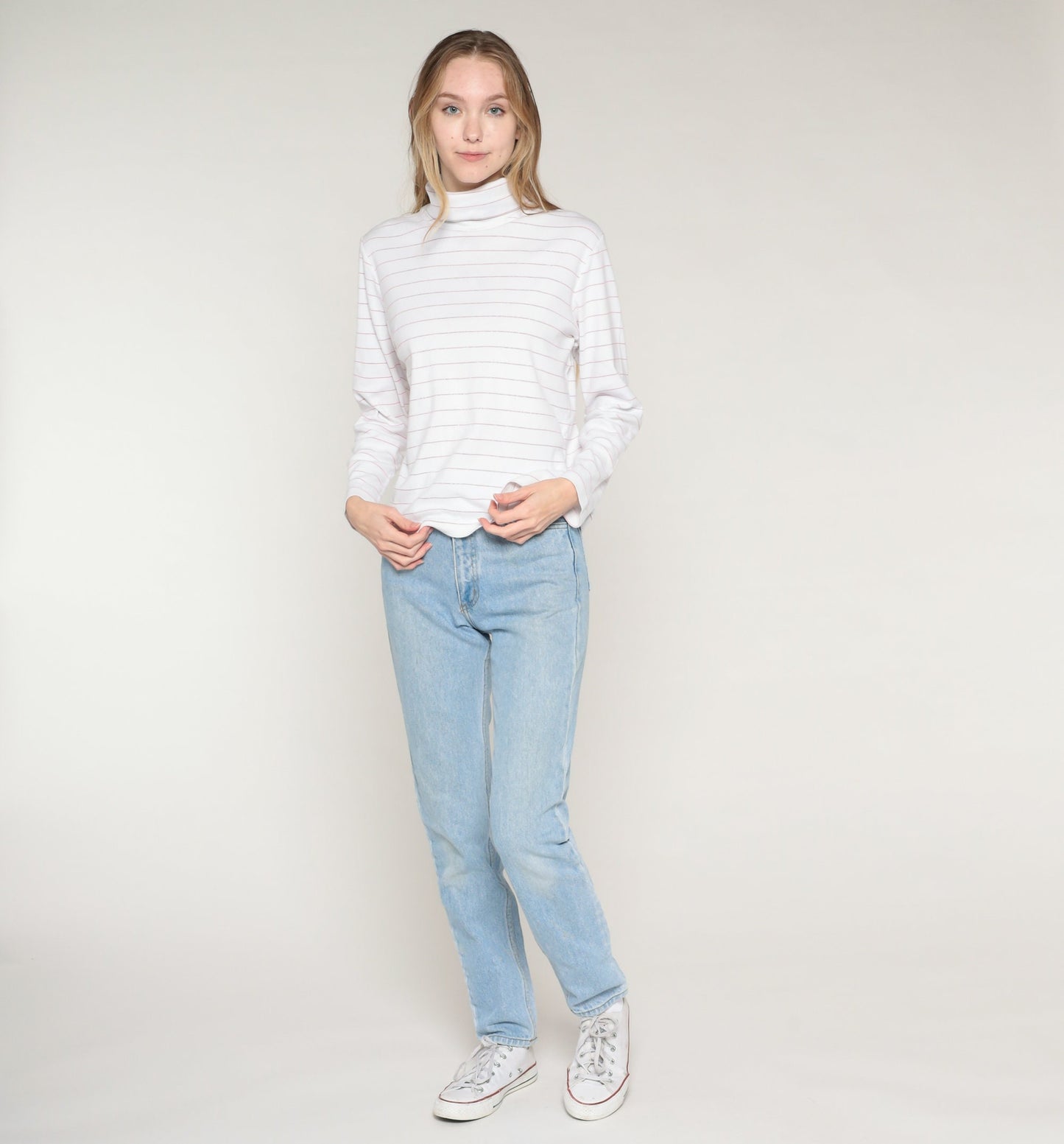 90s Striped Turtleneck Long Sleeve Shirt White Pink Metallic Medium M