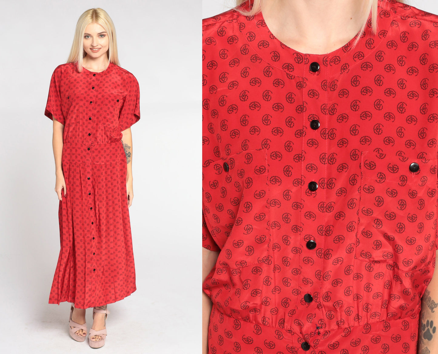 90s Liz Claiborne Red Paisley Dot Midi Shirt Dress Pleated Button-Up Medium 8