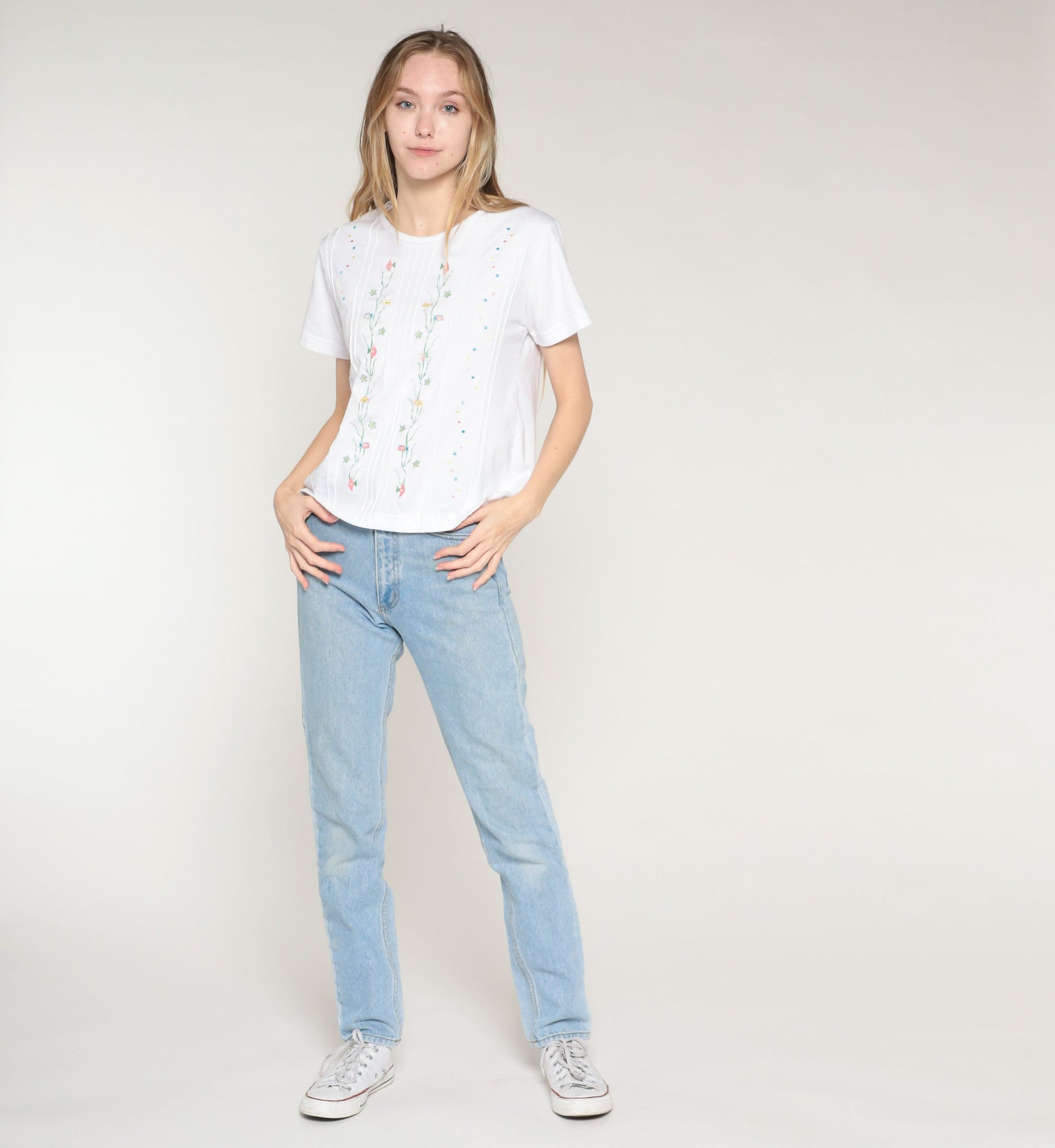 90s Shenanigans White Embroidered Fish Blouse Tropical Starfish Medium