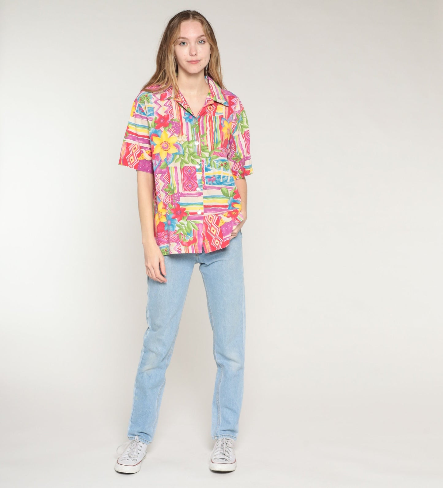 90s Tropical Print Button-Up Blouse Floral Tiger Palm Tree Fish Multicolor Medium