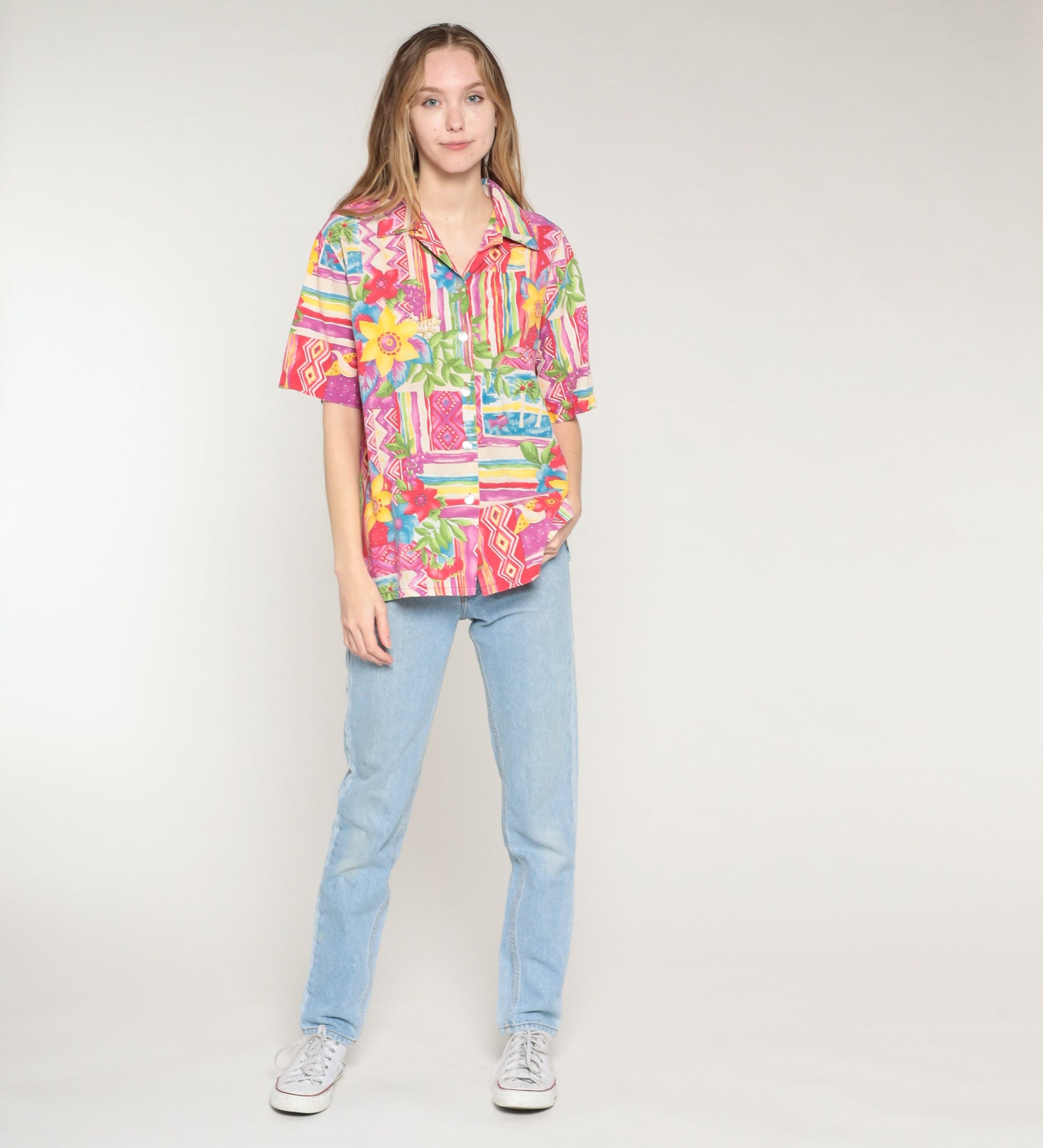 90s Tropical Print Button-Up Blouse Floral Tiger Palm Tree Fish Multicolor Medium