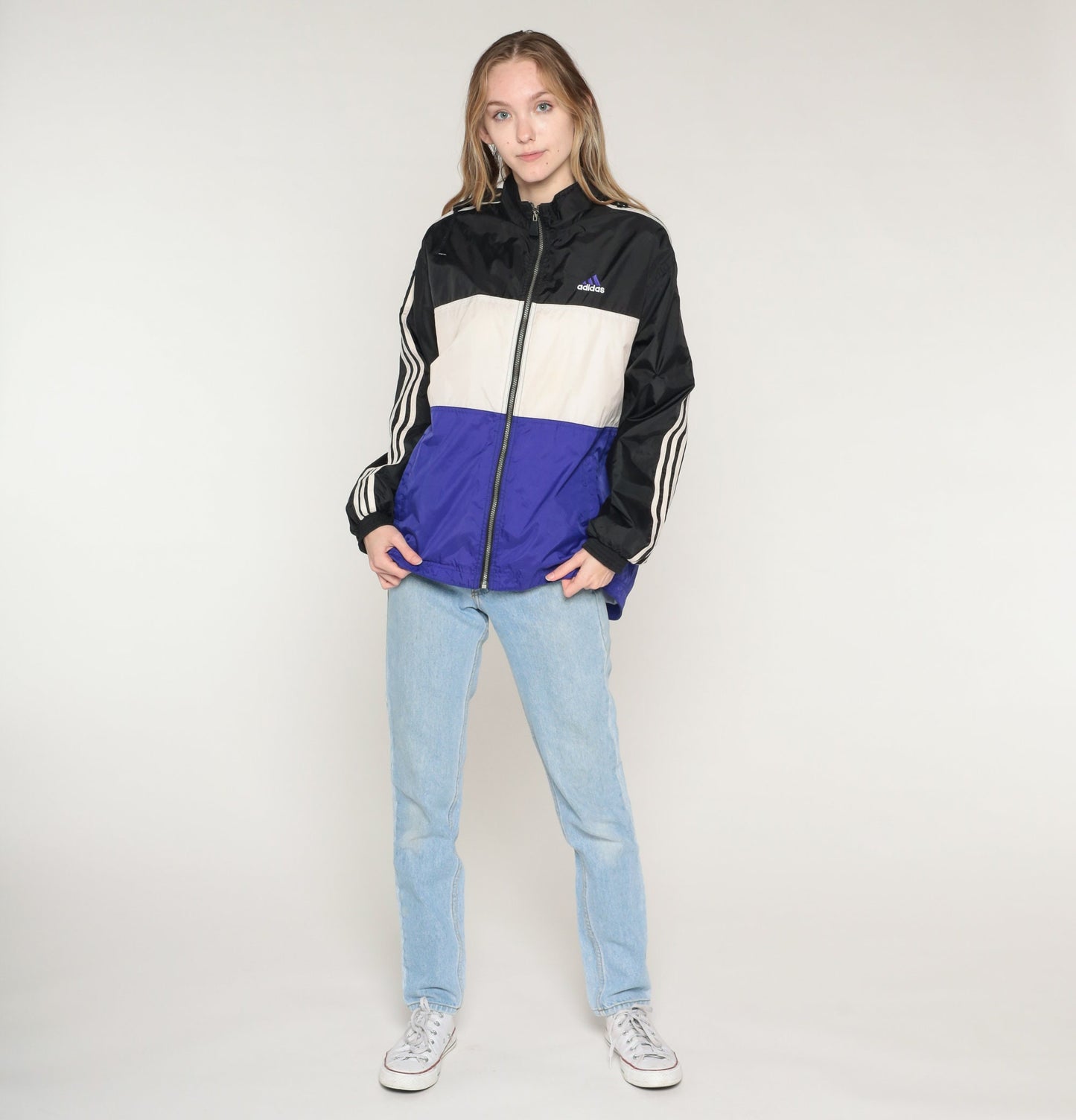 Y2K Adidas Windbreaker Jacket Black White Purple Striped Colour Block 2XL