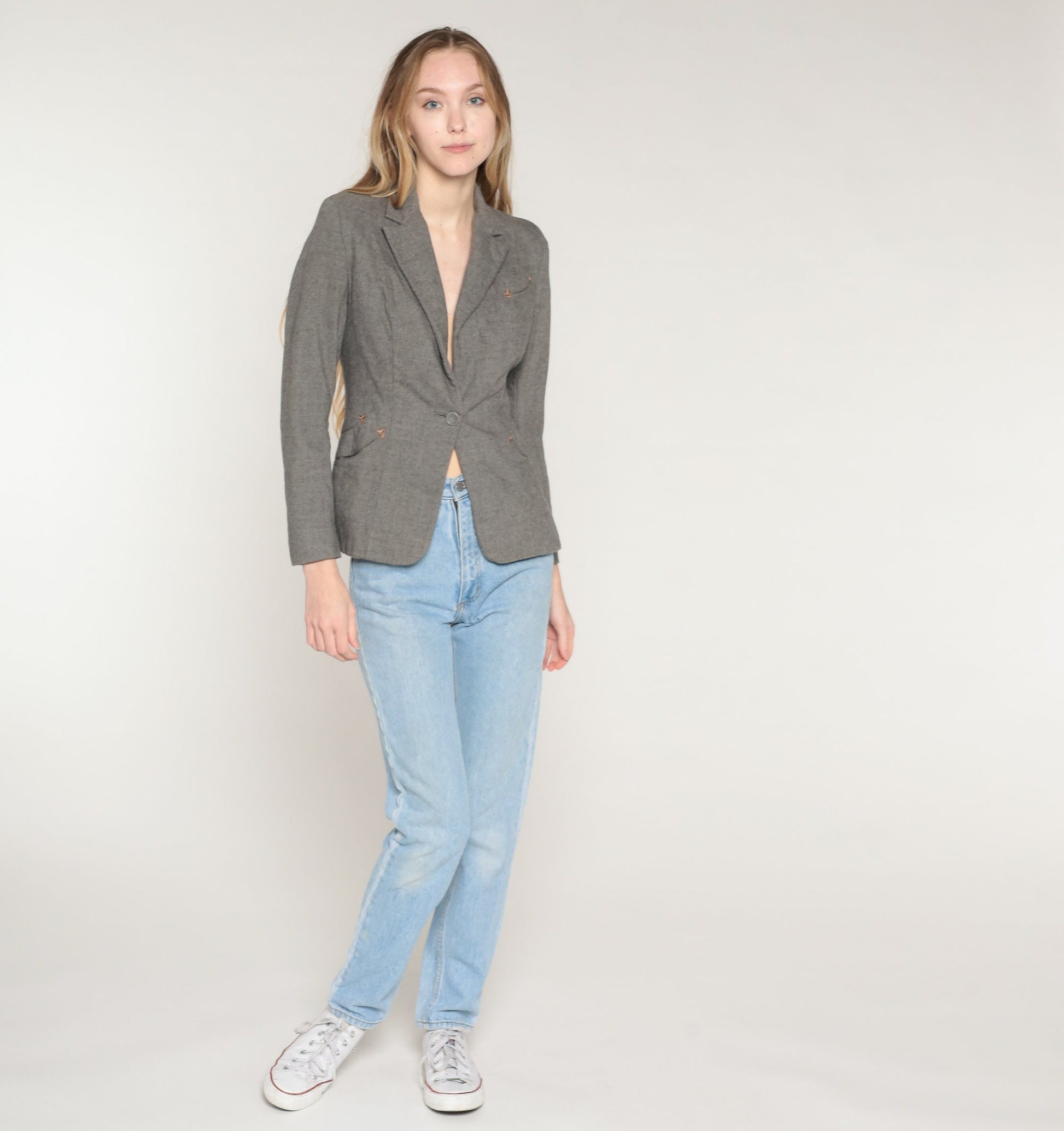60s Grey Wool Blazer Single Button Jacket Embroidered Pockets Extra Small