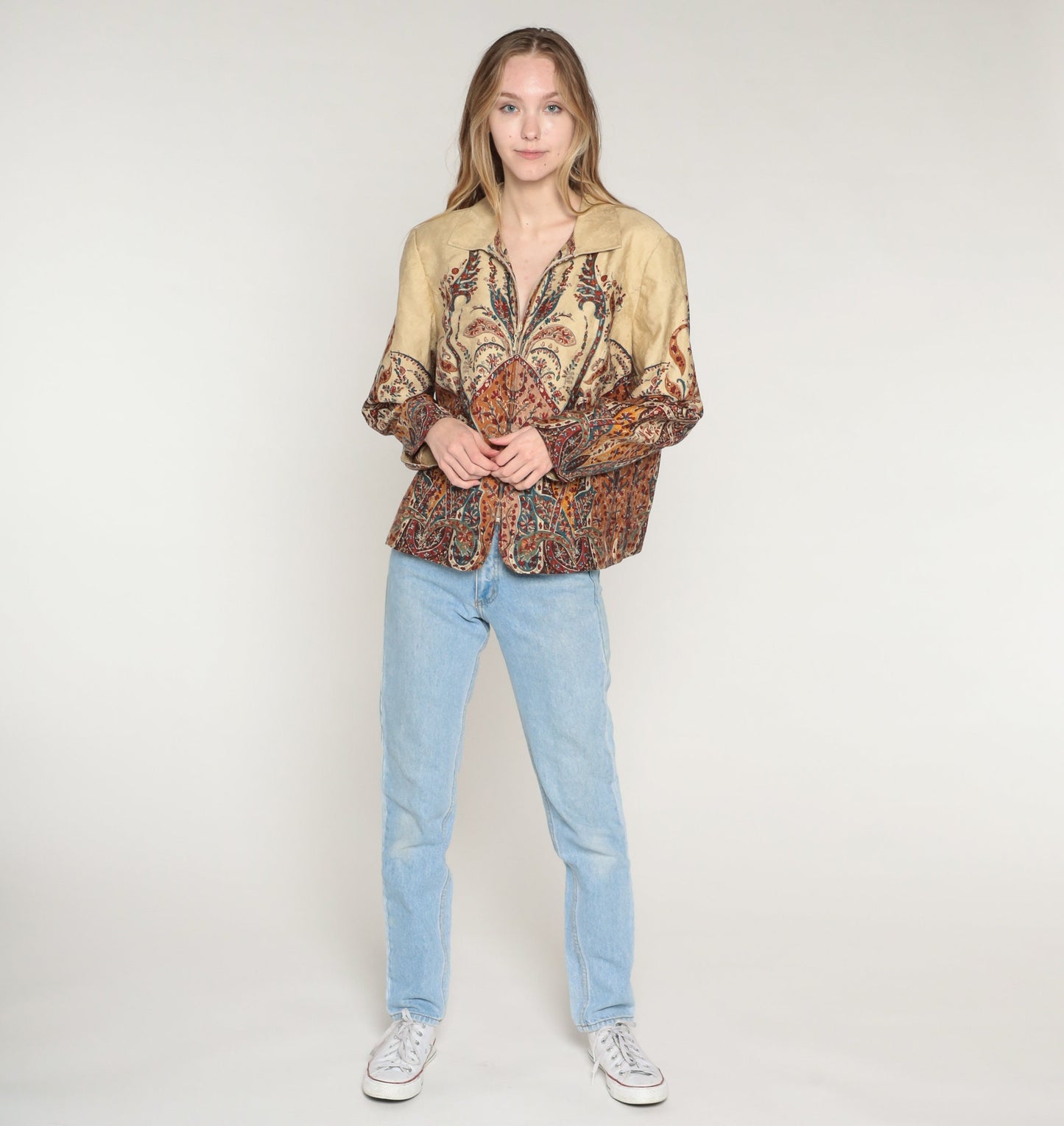 Y2K Coldwater Creek Floral Embossed Jacket Tan Indian Print Zip-Up Extra Large XXL
