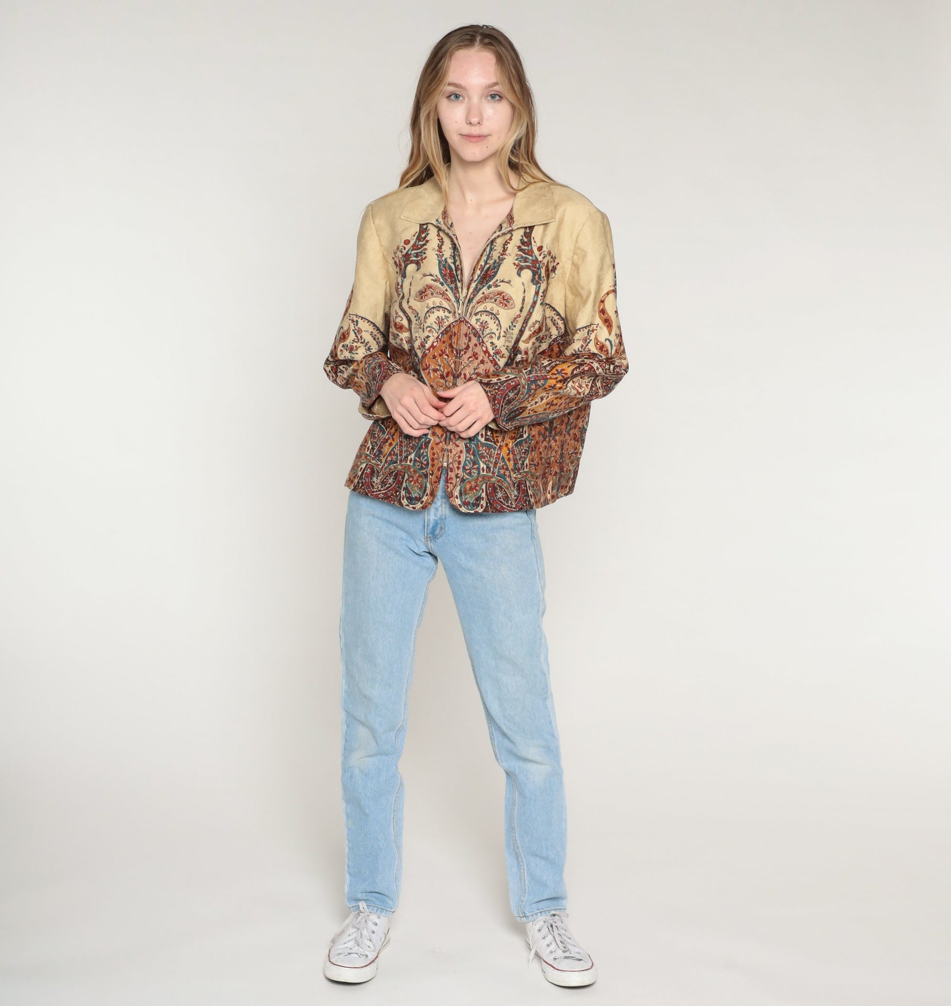 Y2K Coldwater Creek Floral Embossed Jacket Tan Indian Print Zip-Up Extra Large XXL