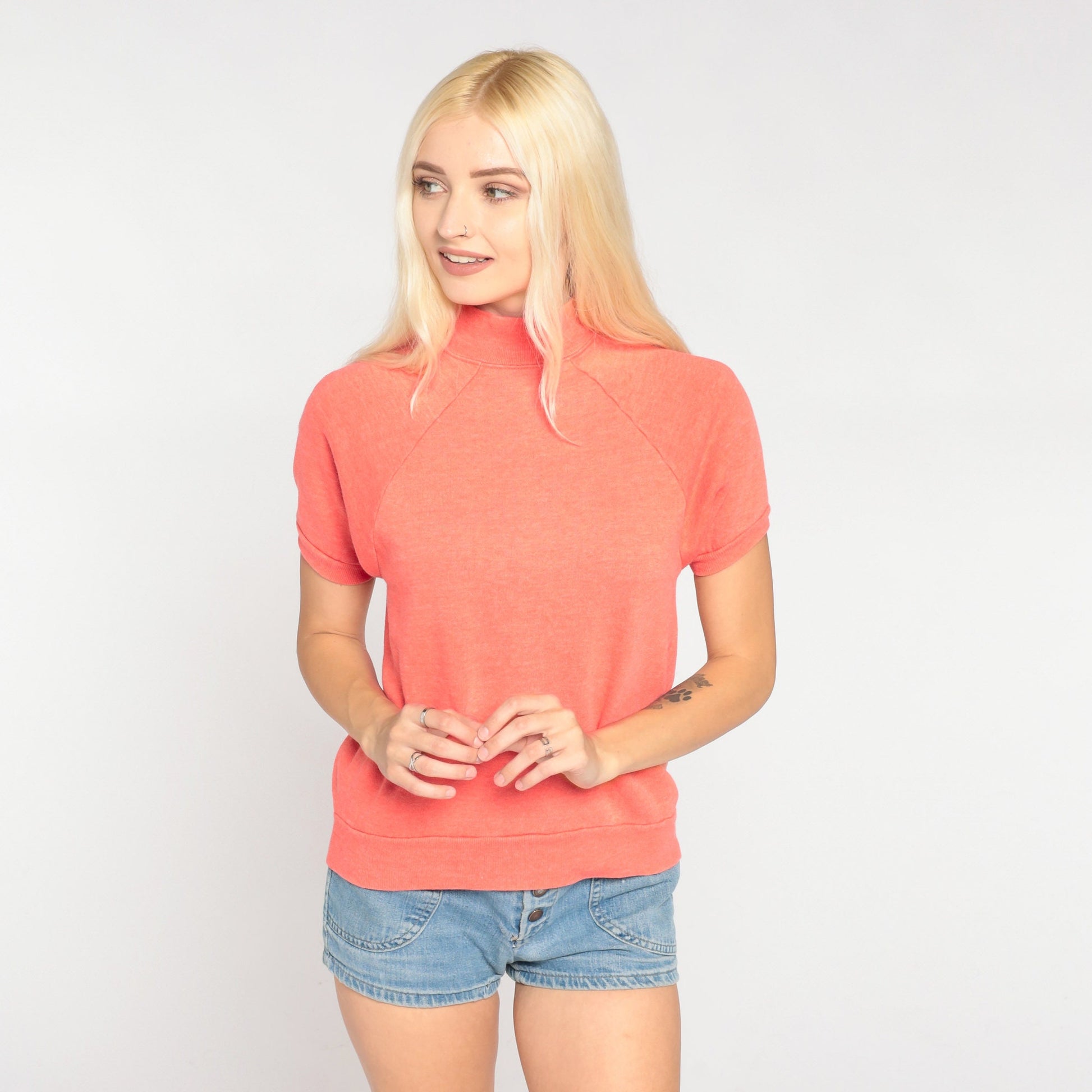 80s Coral Mock Neck Raglan Sweatshirt Short Sleeve Pink Top Extra Small XS
