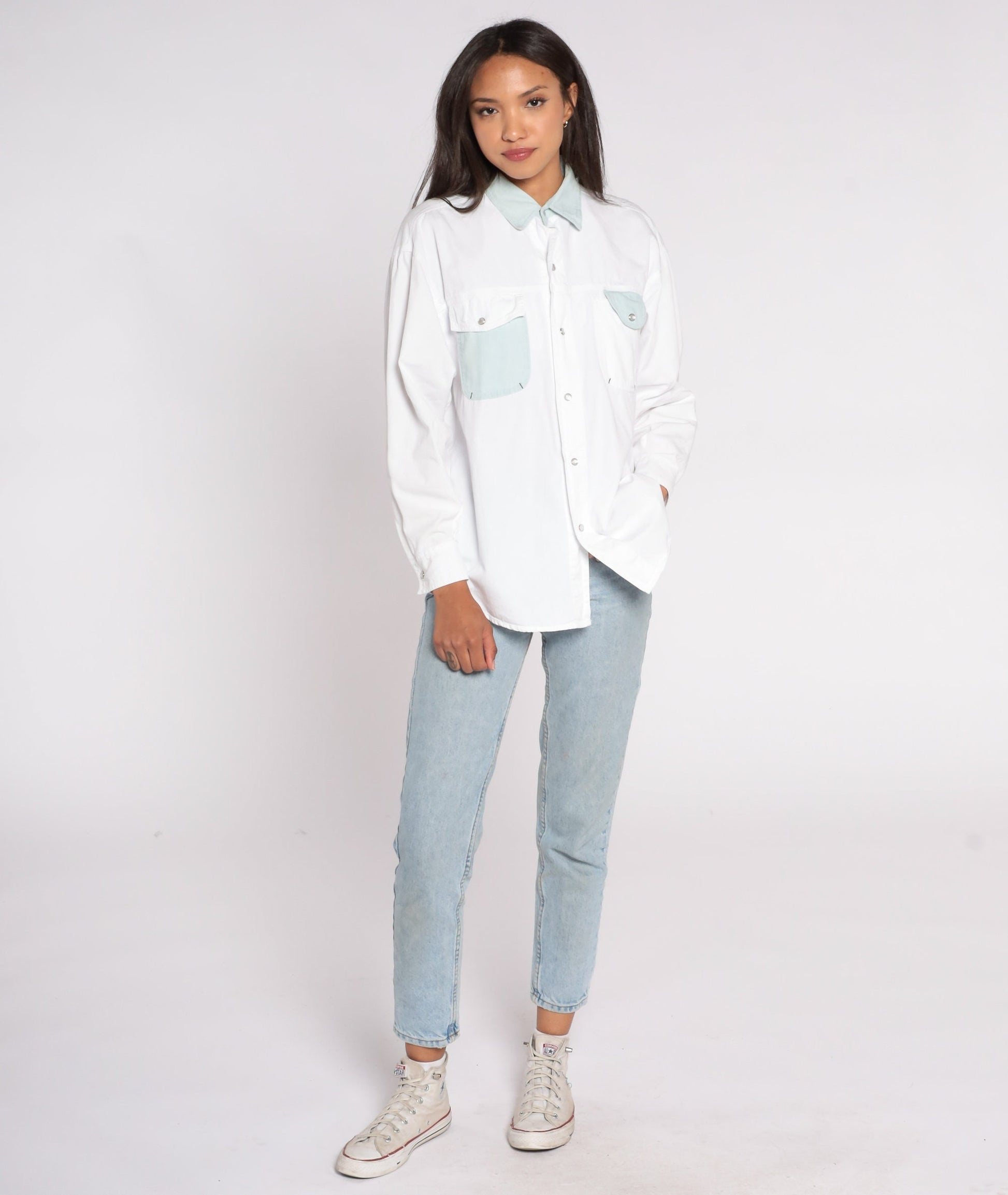 90s White Pearl Snap Western Shirt Long Sleeve Cowboy Button Up Large