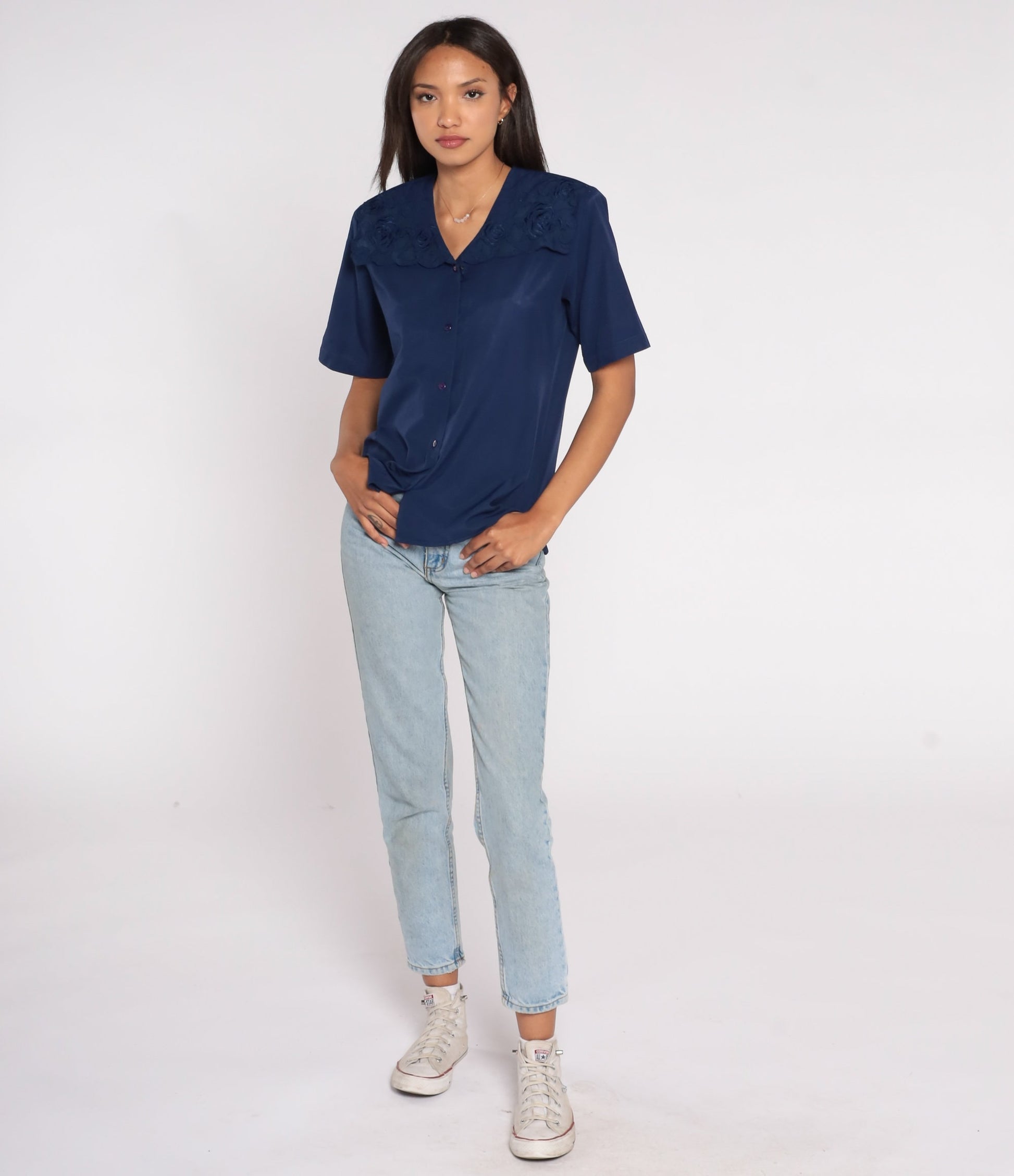 90s Navy Floral Embroidered Collared Blouse Short Sleeve Button Up Small