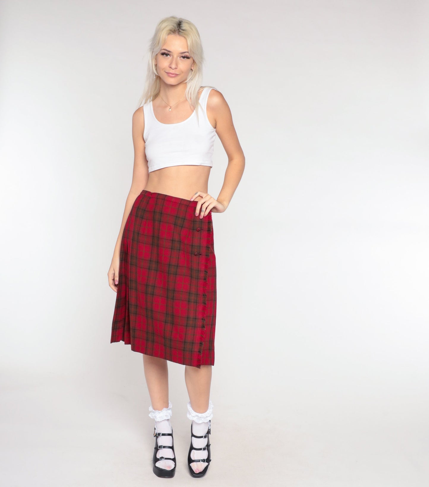 70s Scottish Tartan Wool Midi Skirt Red Plaid Pleated High Waist Small