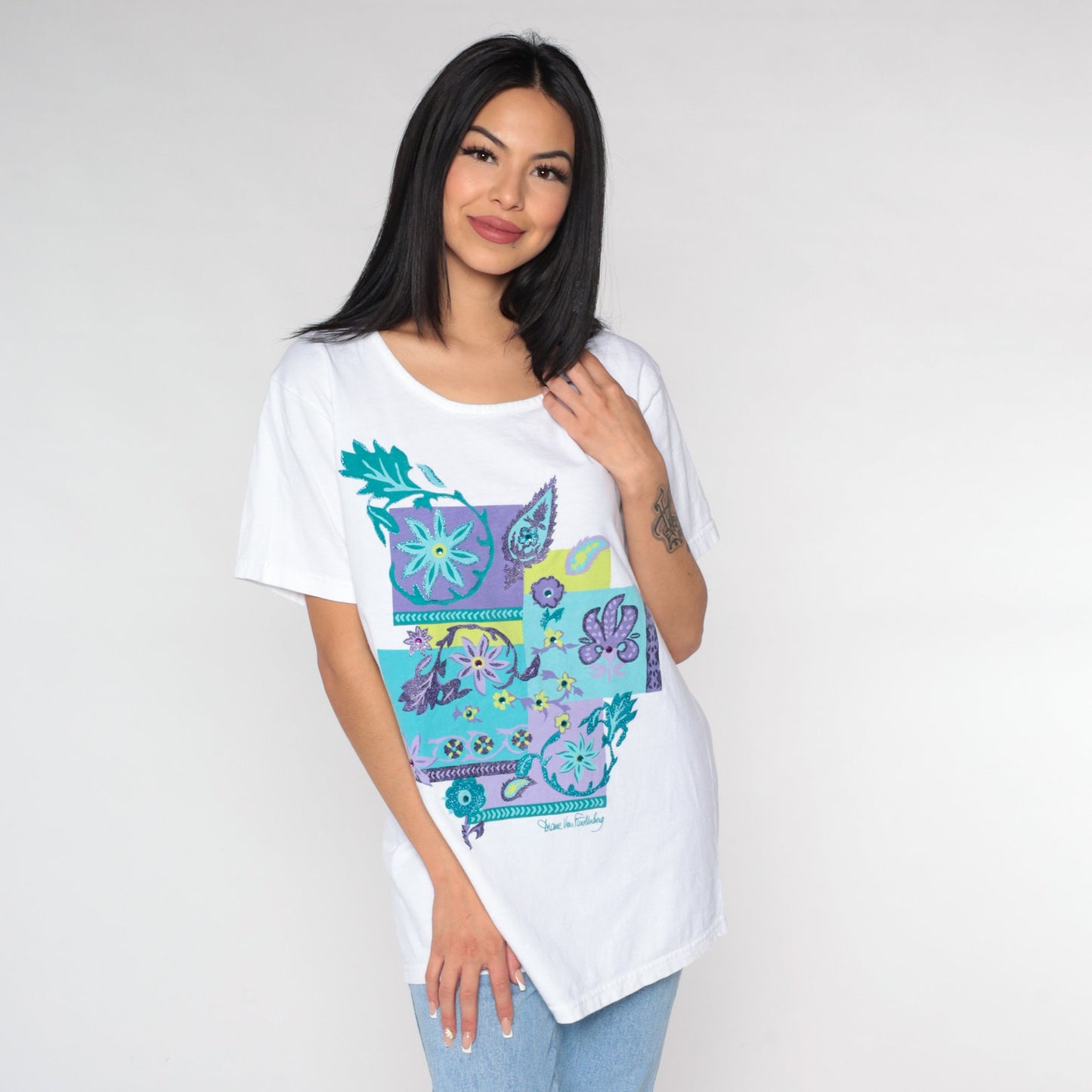 Diane Von Furstenberg Y2K Floral Glitter T-Shirt White Blue Green Purple Extra Large XL