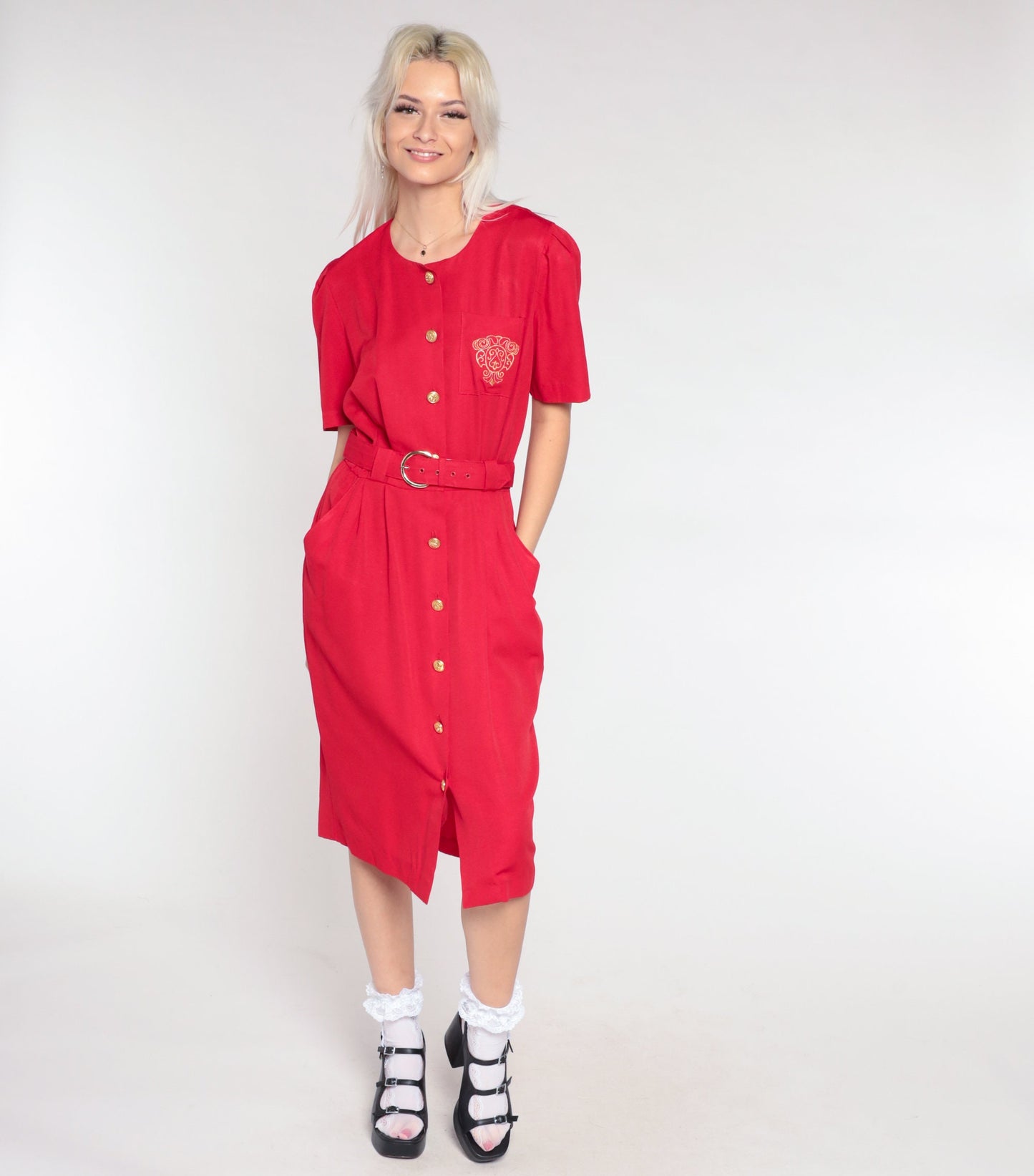 90s Red Midi Shirtdress Gold Crest Pocket Puff Sleeve Button Up Small