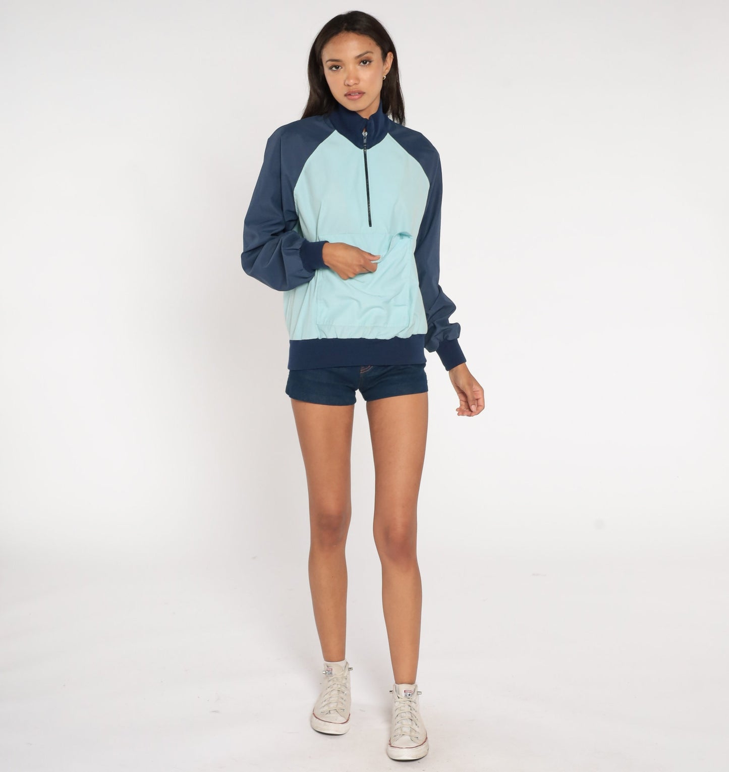 80s Baby Blue Navy Colour Block Half Zip Pullover Jacket Medium