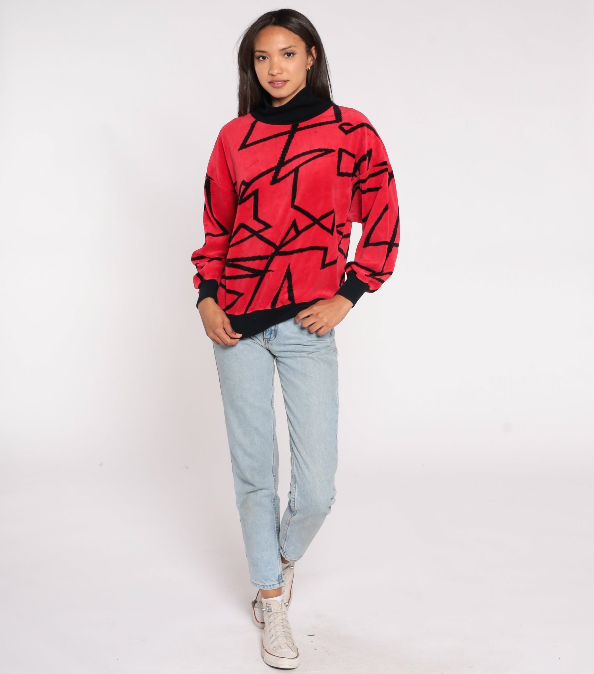 80s Red Velour Mock Neck Sweatshirt Geometric Print Pullover Medium