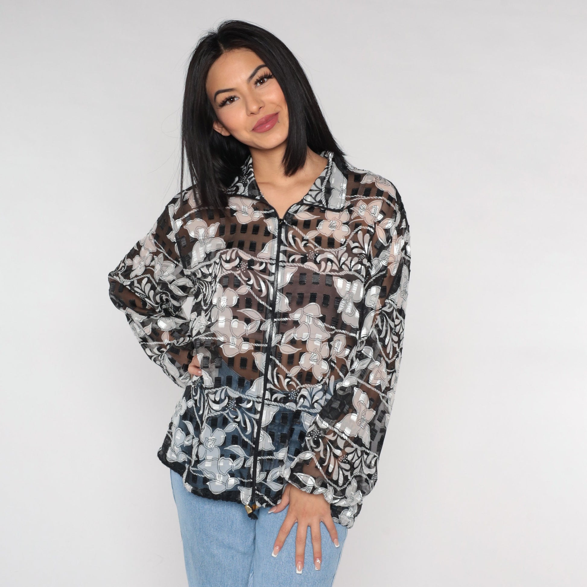 00s Sheer Orchid Floral Jacket Black White Zip Windbreaker Large L