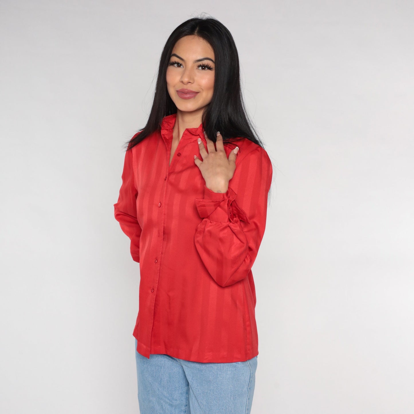 70s Red Striped Button-Up Blouse Dagger Collar Long Sleeve Medium
