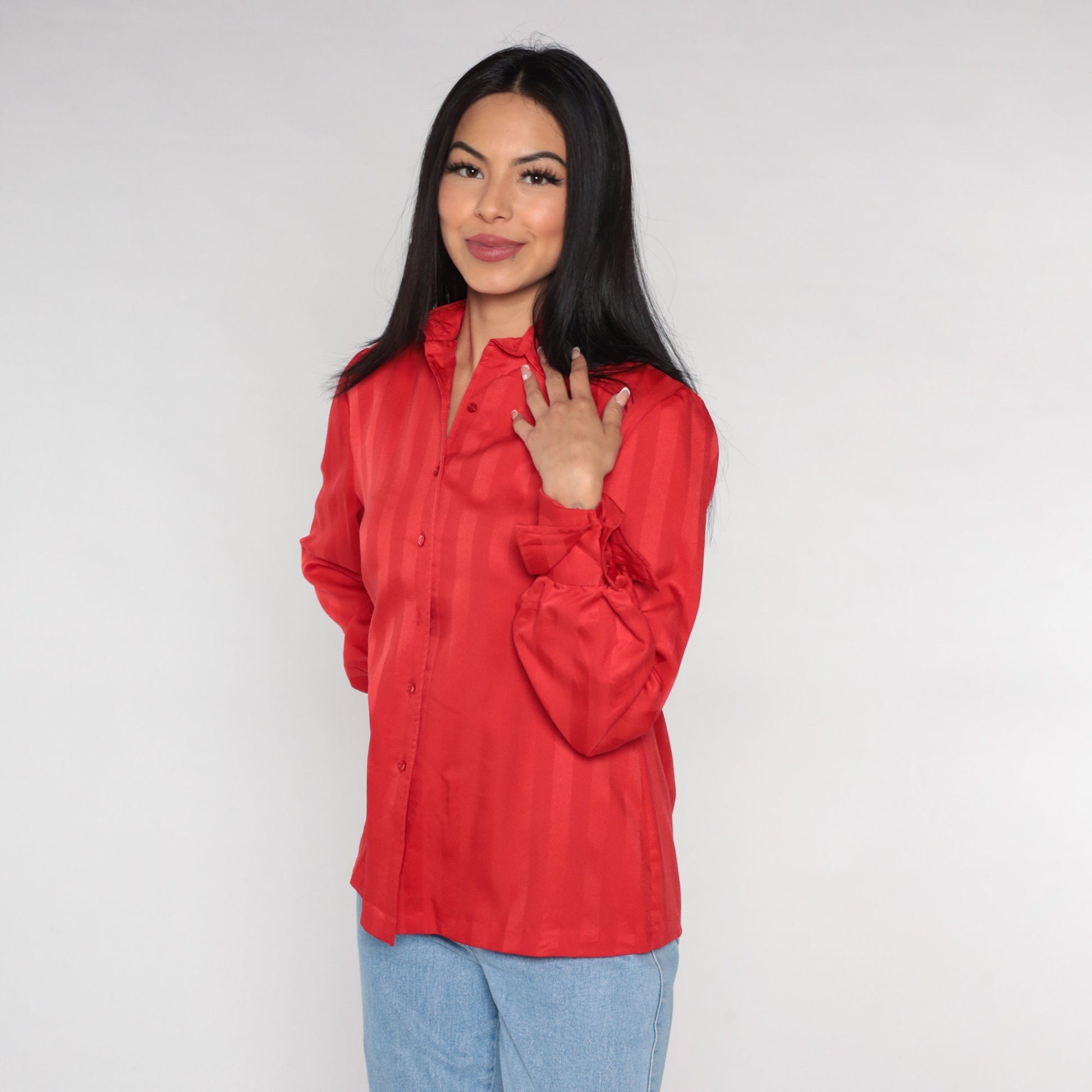 70s Red Striped Button-Up Blouse Dagger Collar Long Sleeve Medium