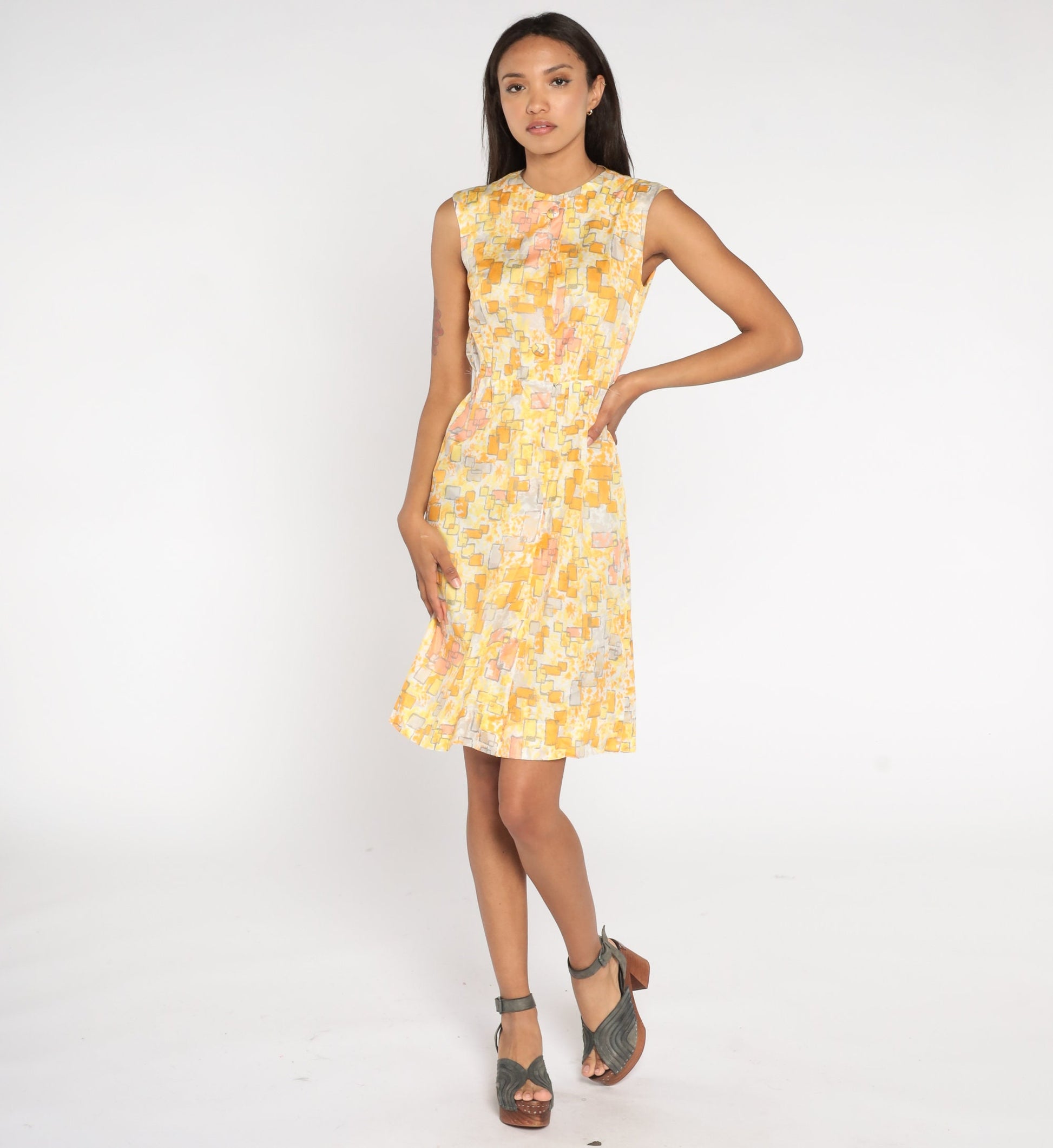 60s Geometric Print Button-Up Mini Dress Yellow Orange High Waist Extra Small