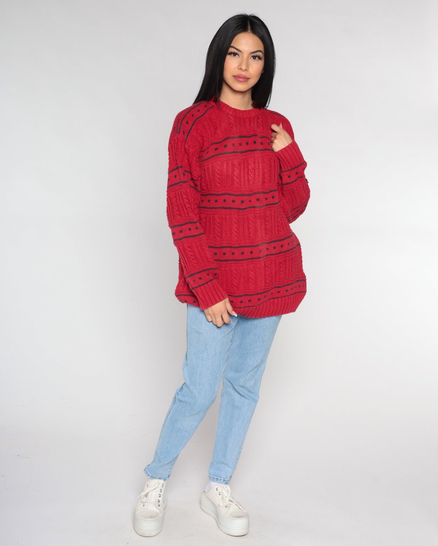 90s Red Cable Knit Sweater Black Geometric Square Crewneck Cotton Large L