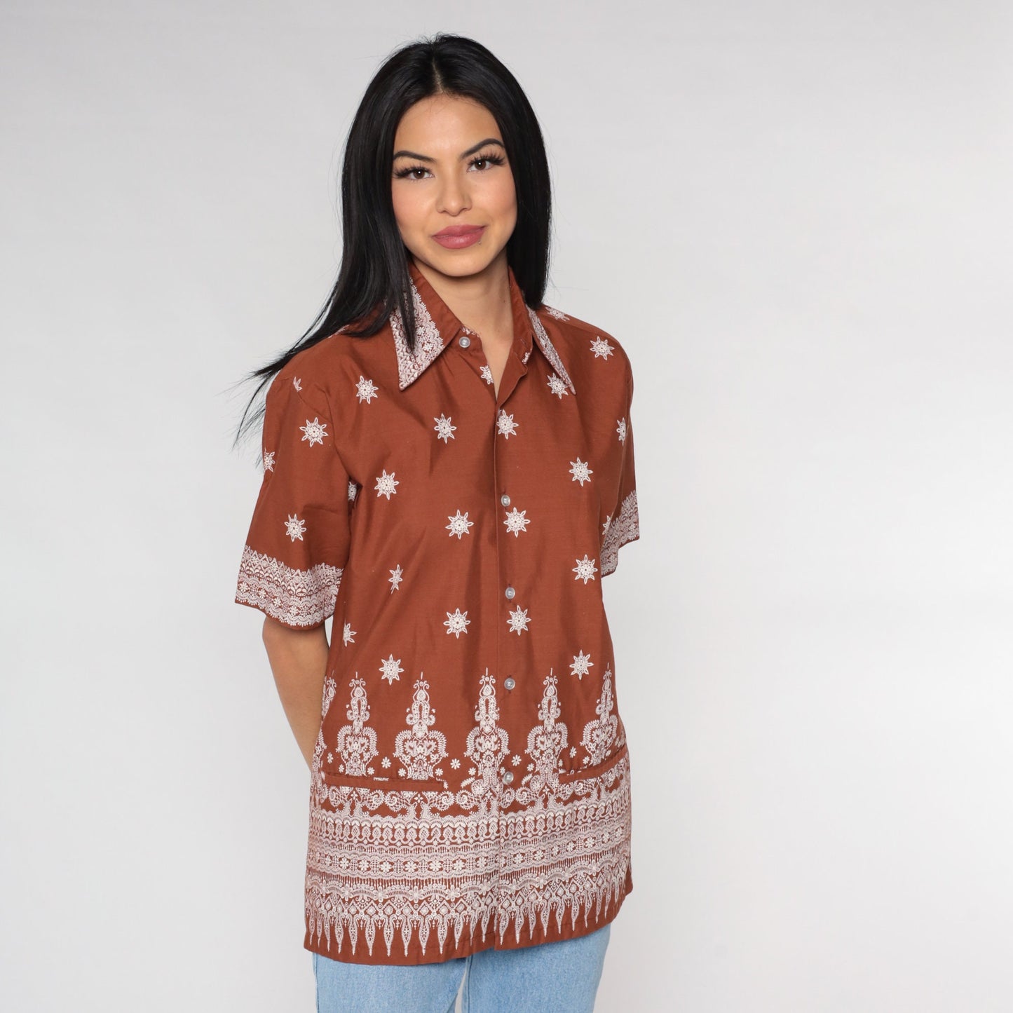 90s Batik Floral Button Up Shirt Brown White Geometric Print Medium