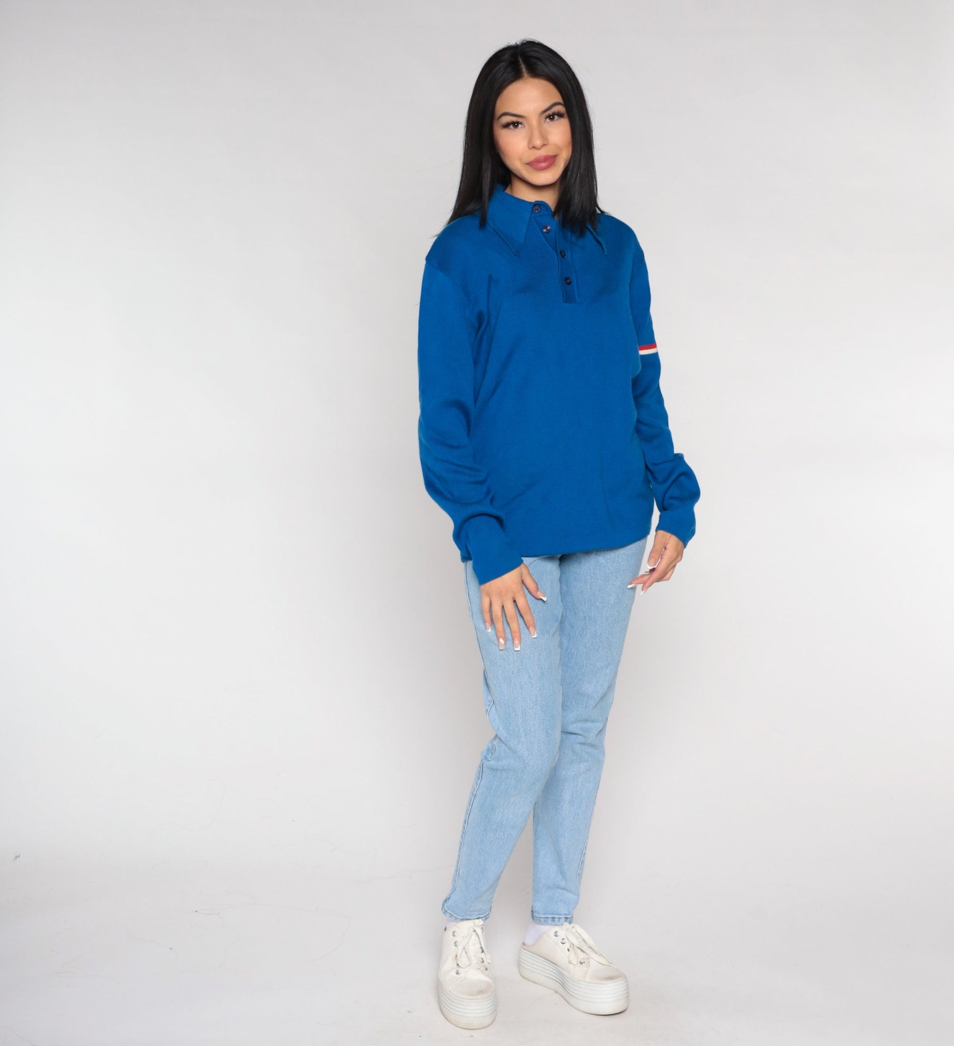 70s Meister Blue Striped Knit Polo Sweater Collared Large L