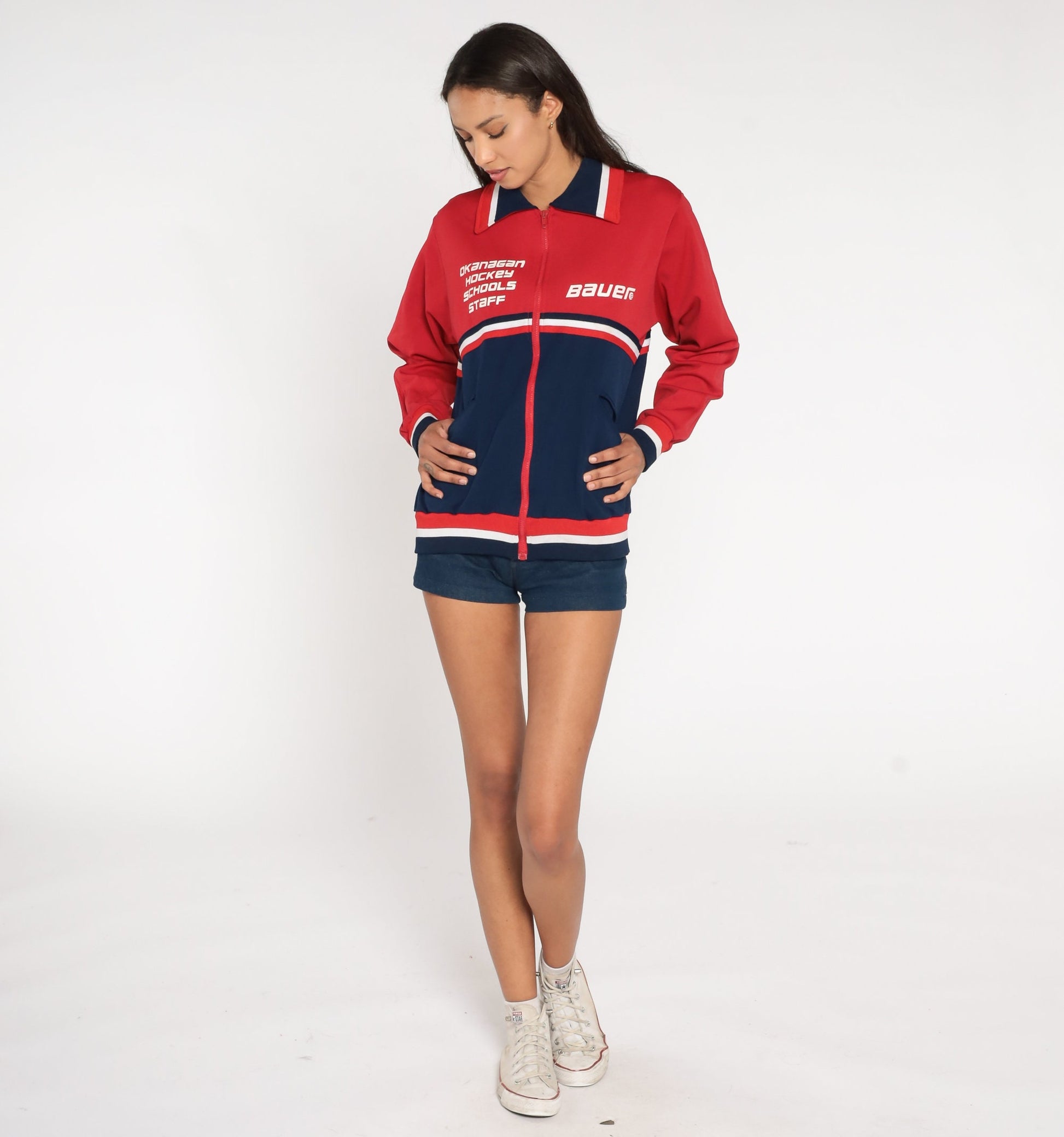 80s Okanagan Hockey Schools Track Jacket Red Navy Zip Up Large L