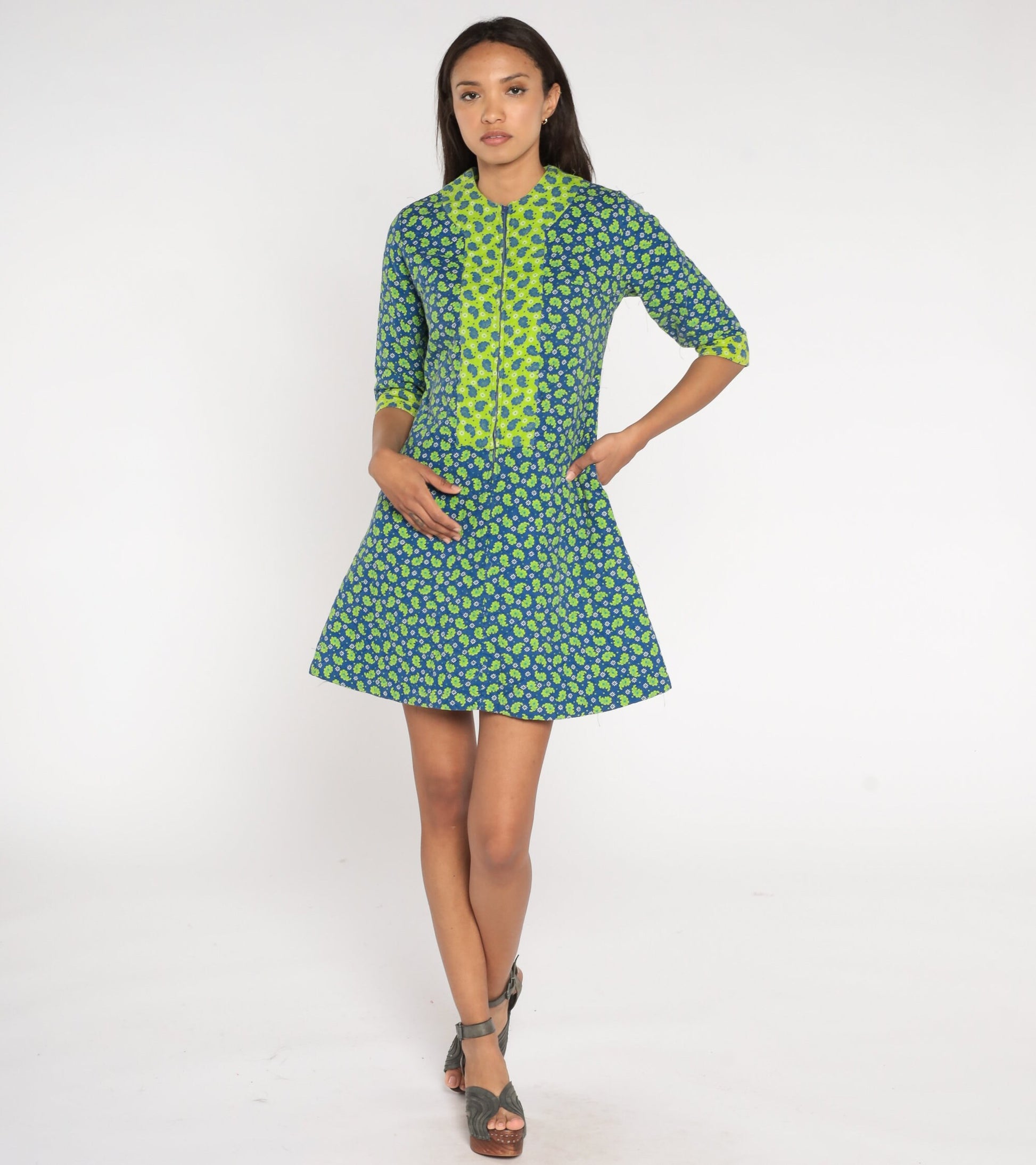 60s Paisley Quilted Mini Dress Blue Lime Green Shift Front Zipper Small