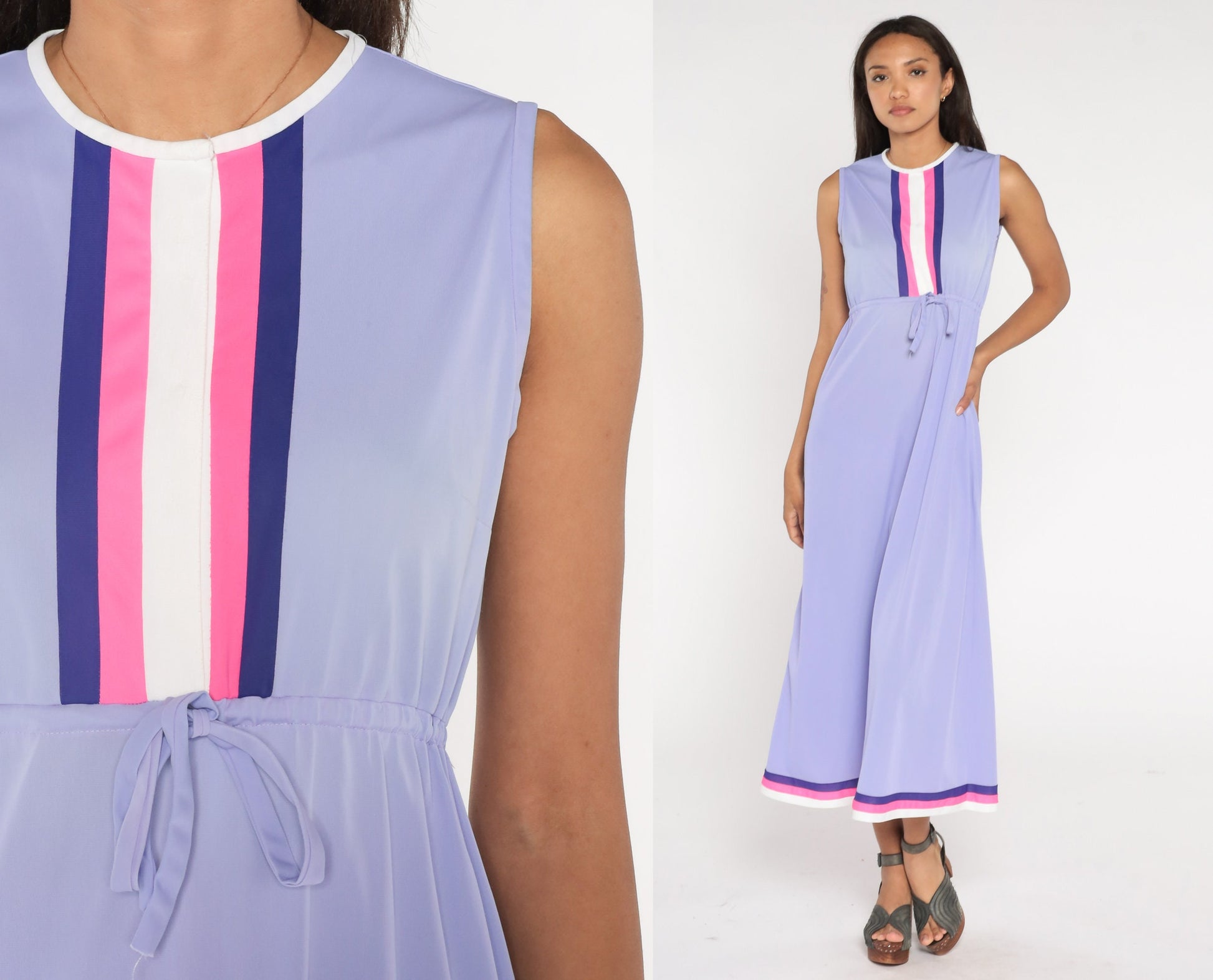 70s Lavender Nylon Slip Nightgown Striped High Waist Maxi Medium