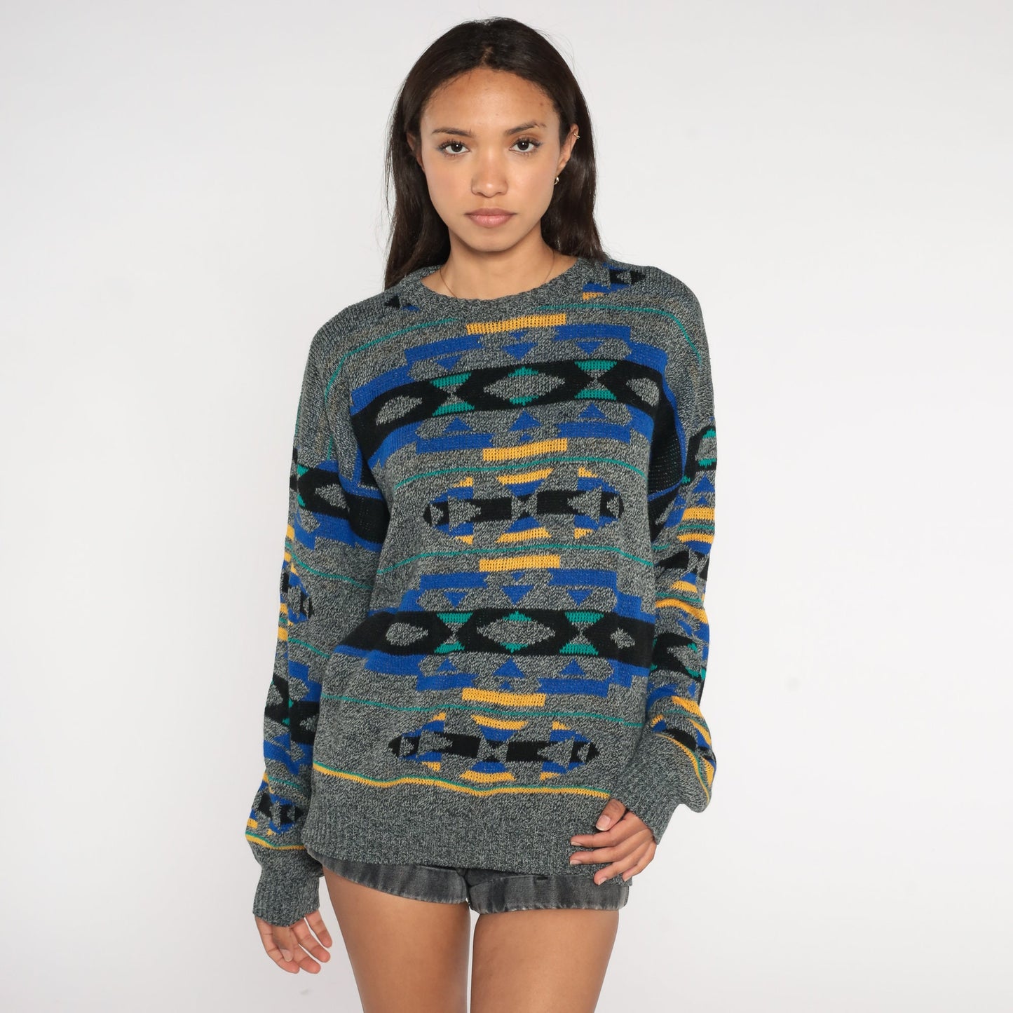 90s Southwestern Geometric Knit Sweater Grey Crewneck Pullover Extra Large