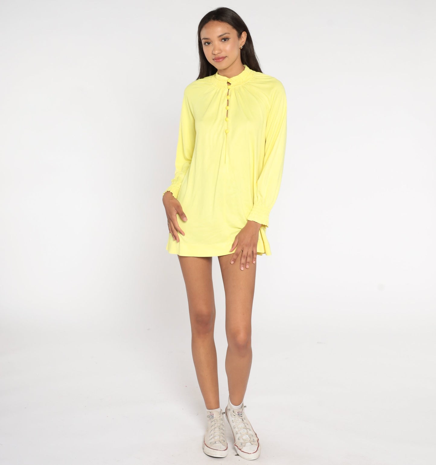 70s Cole of California Yellow Button-Up Blouse Smocked Long Raglan Sleeve Medium Large
