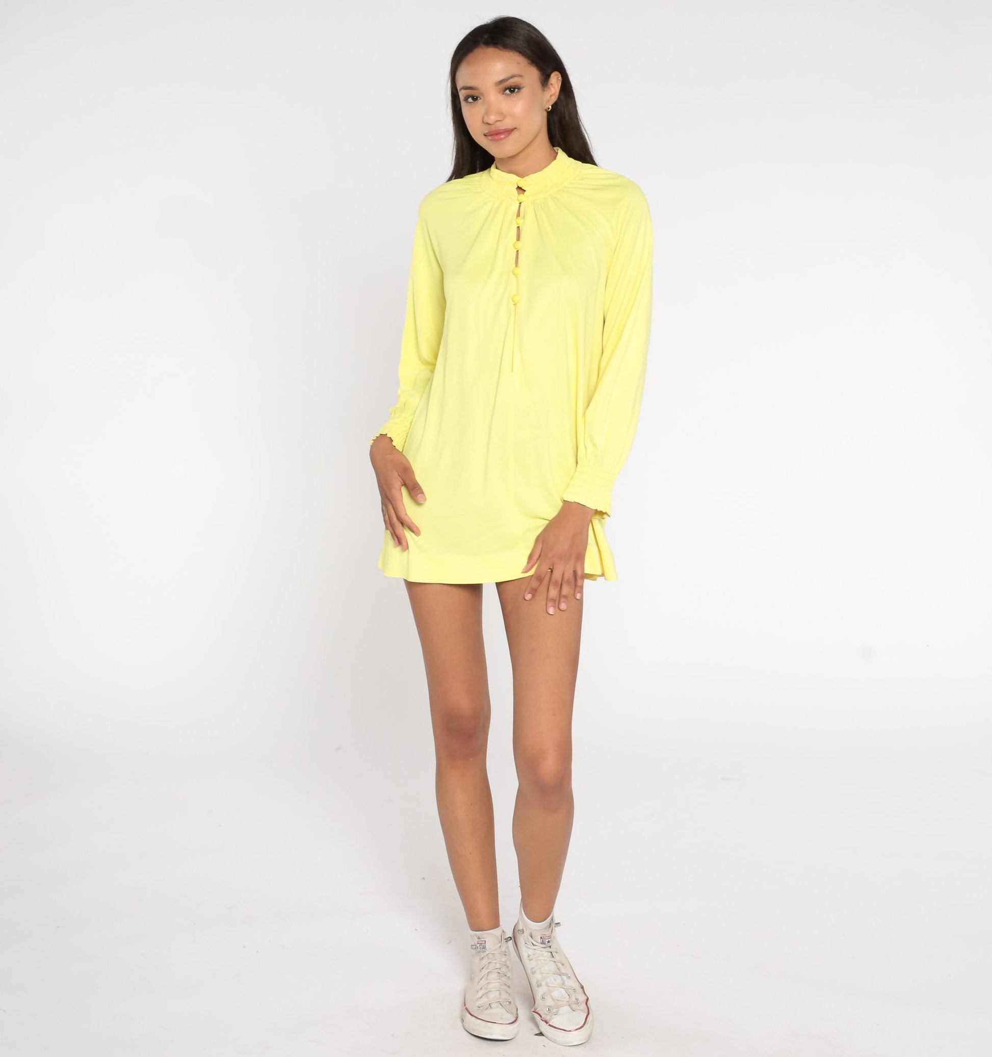 70s Cole of California Yellow Button-Up Blouse Smocked Long Raglan Sleeve Medium Large