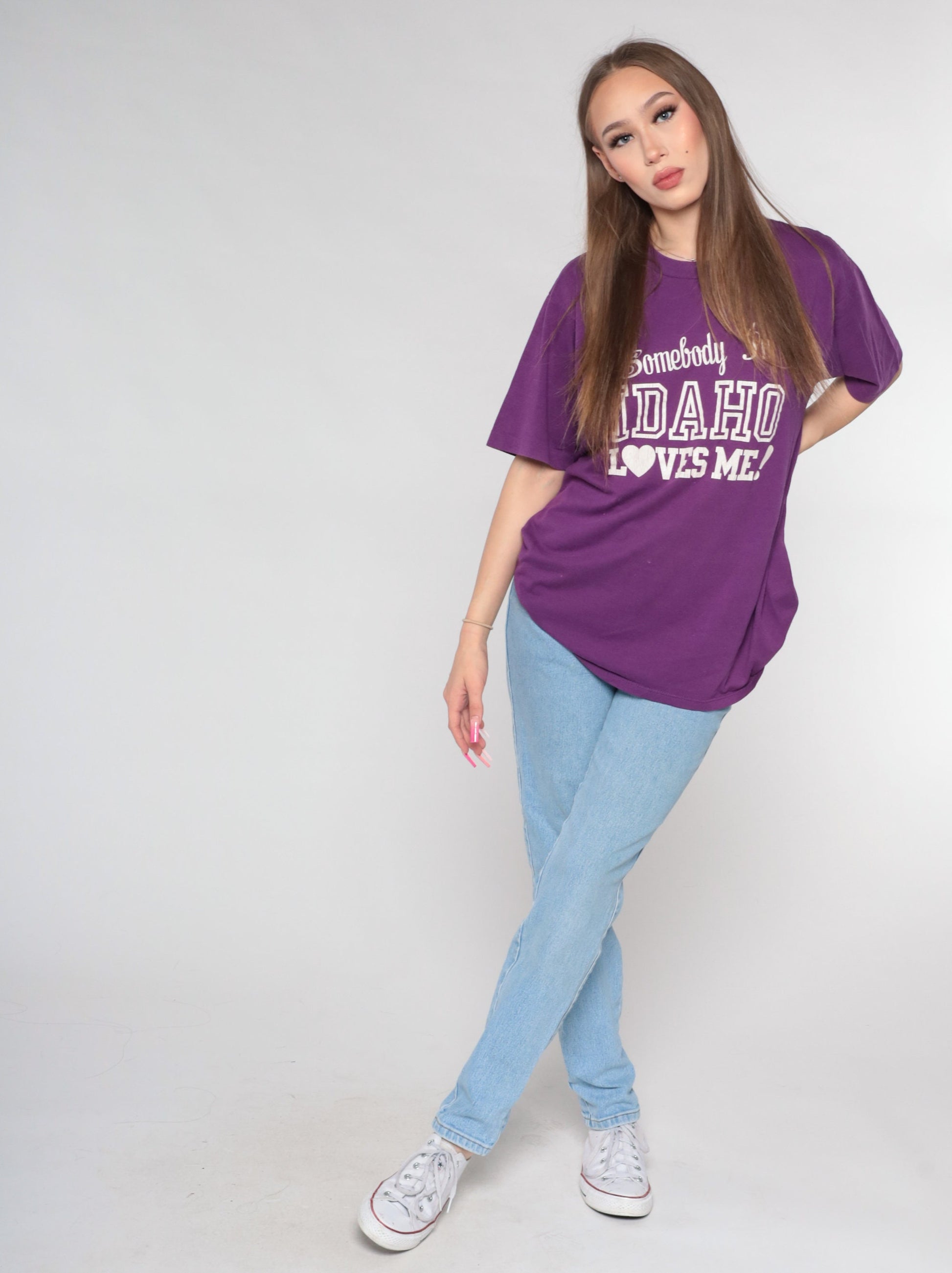 80s Somebody in Idaho Loves Me Graphic T-Shirt Purple Travel Tee Large