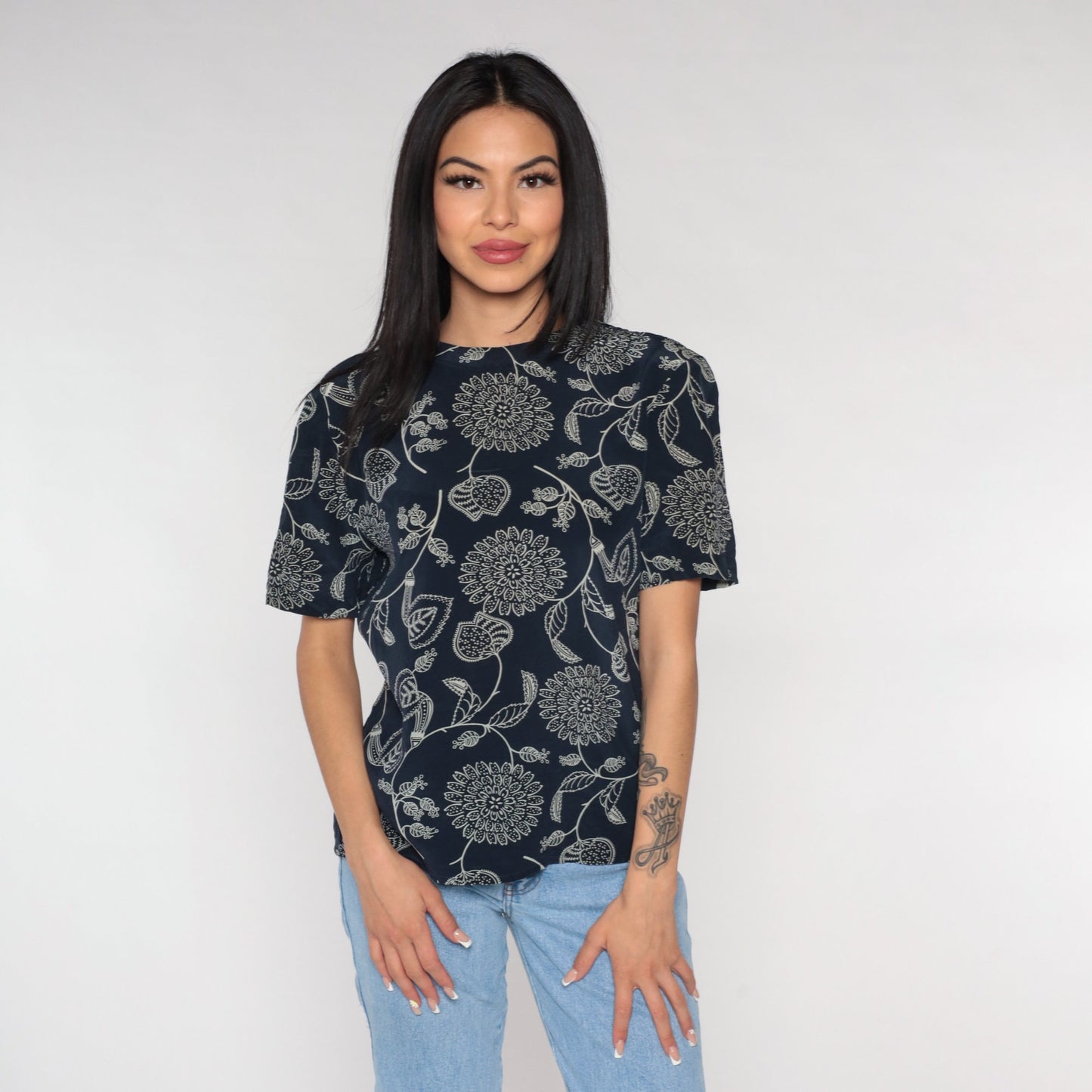 Y2K Navy Silk Blouse Floral Print Short Sleeve Button Back Small