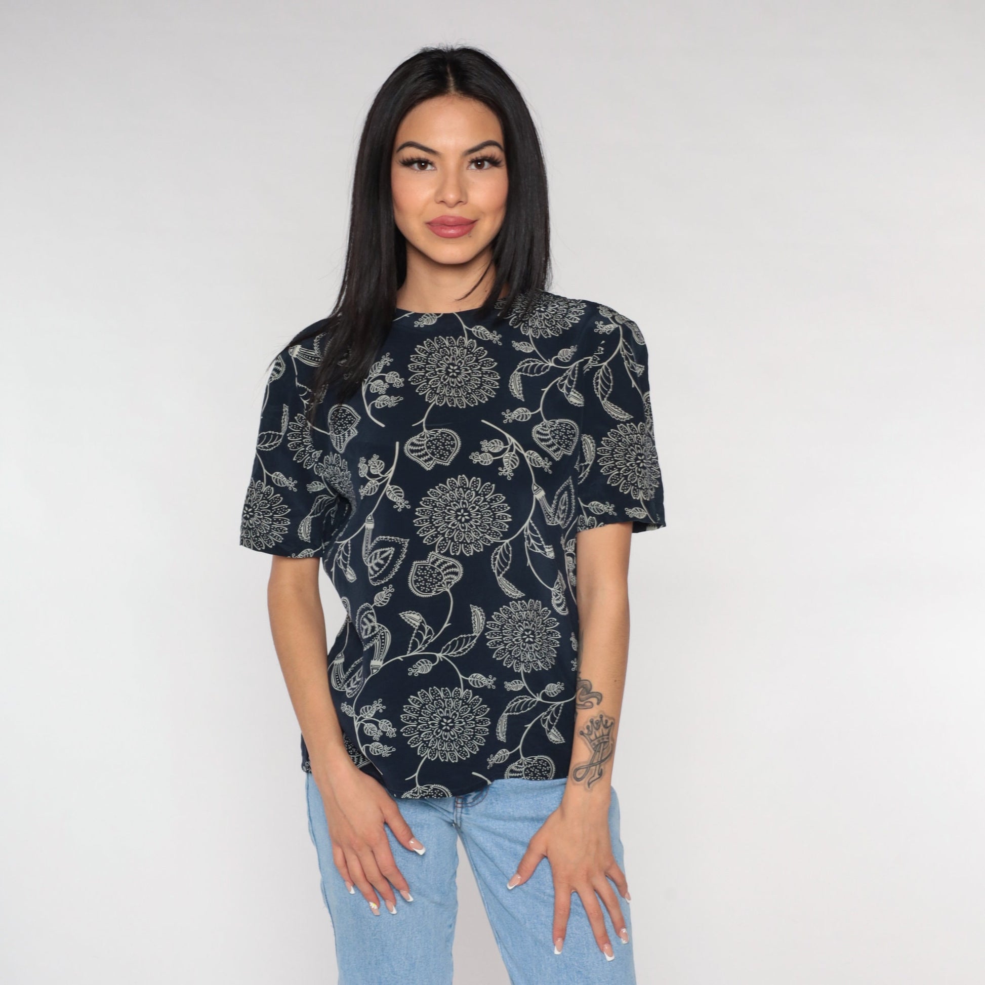 Y2K Navy Silk Blouse Floral Print Short Sleeve Button Back Small