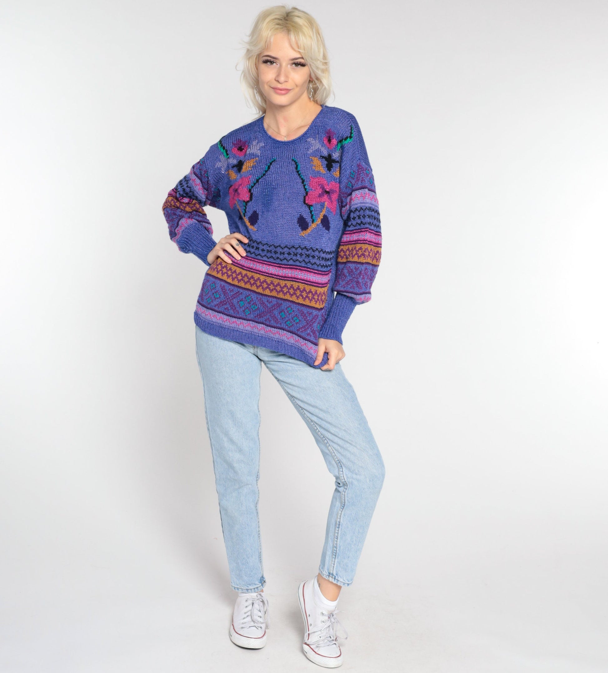 80s Purple Floral Geometric Knit Sweater Pullover Medium