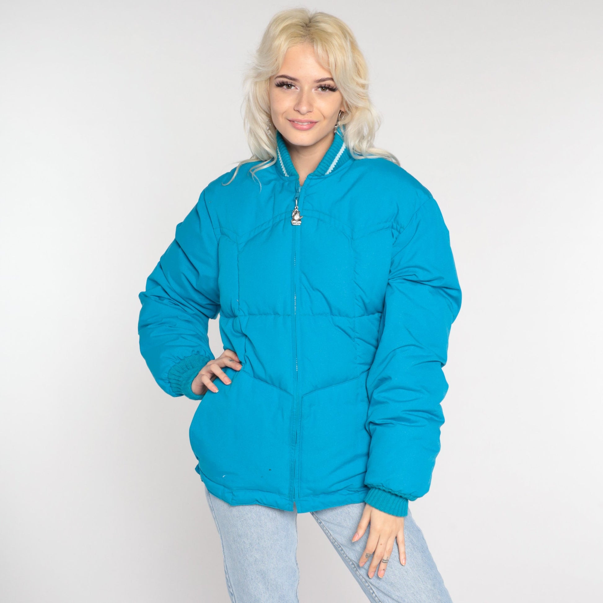 80s Blue Puffer Ski Jacket Nylon Down Fill Zip Front Medium