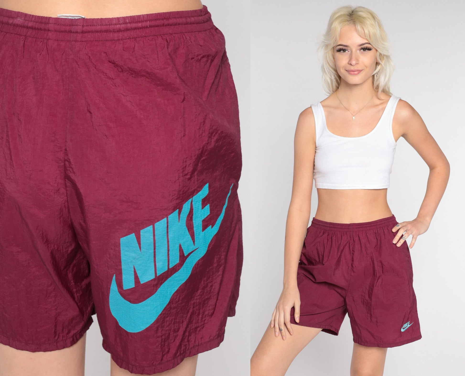 90s Nike Burgundy Nylon Swim Shorts High Rise Small S