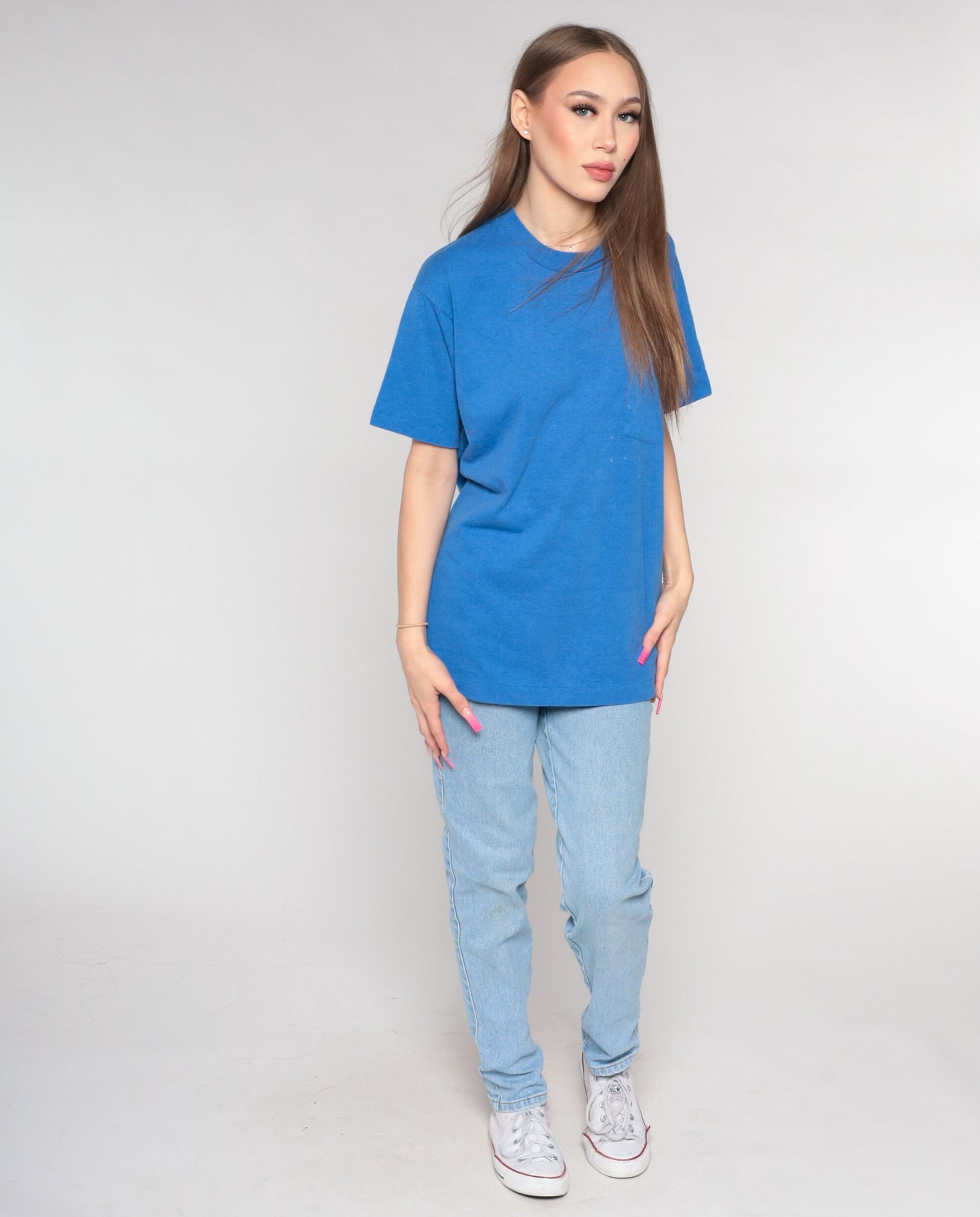 90s Blue Pocket T-Shirt Distressed Bleach Marks Cotton Large